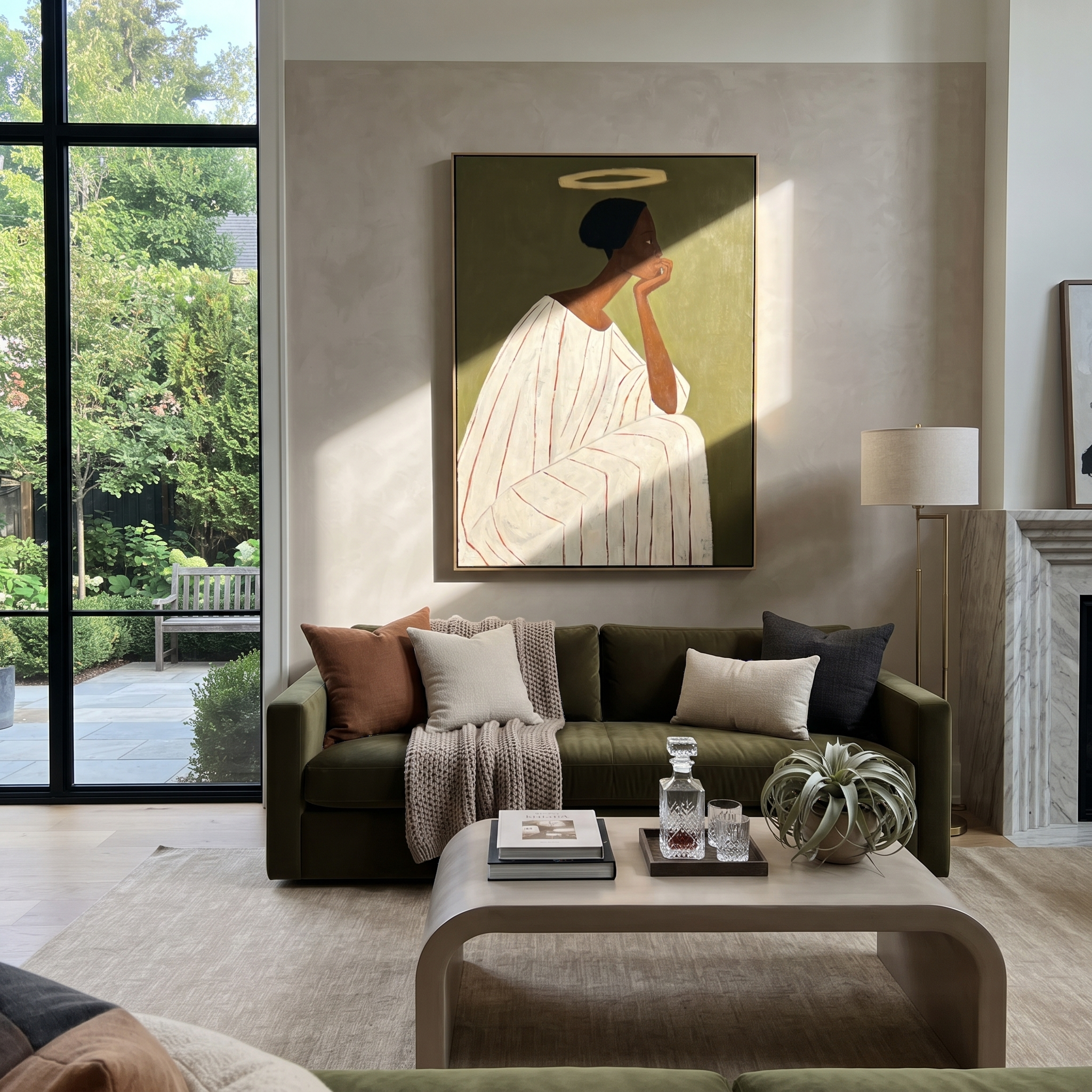 White Robe Holds Thought displayed in a warm contemporary interior