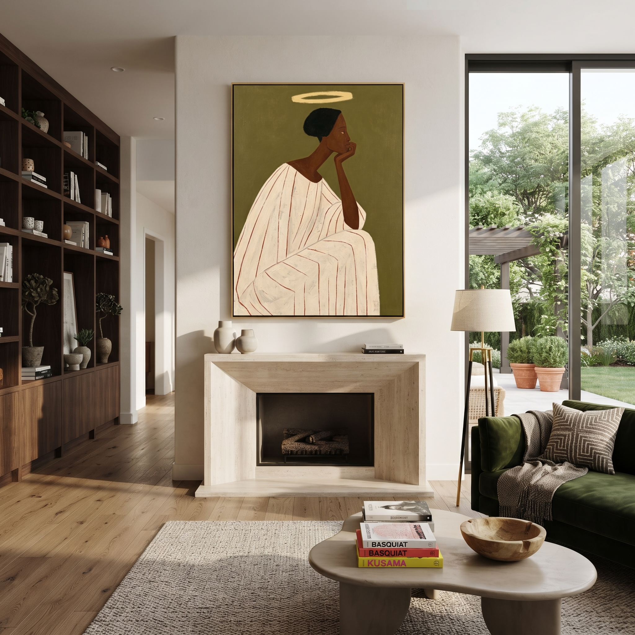 White Robe Holds Thought styled in a layered residential interior
