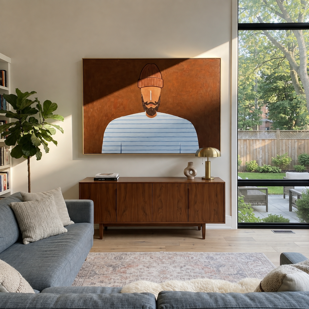 Pale Blue Meets Earth displayed in a warm contemporary interior