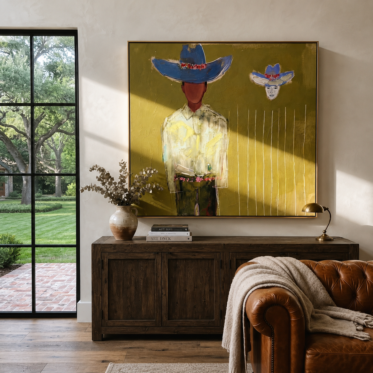 Blue Crown Floats Olive displayed in a warm contemporary interior