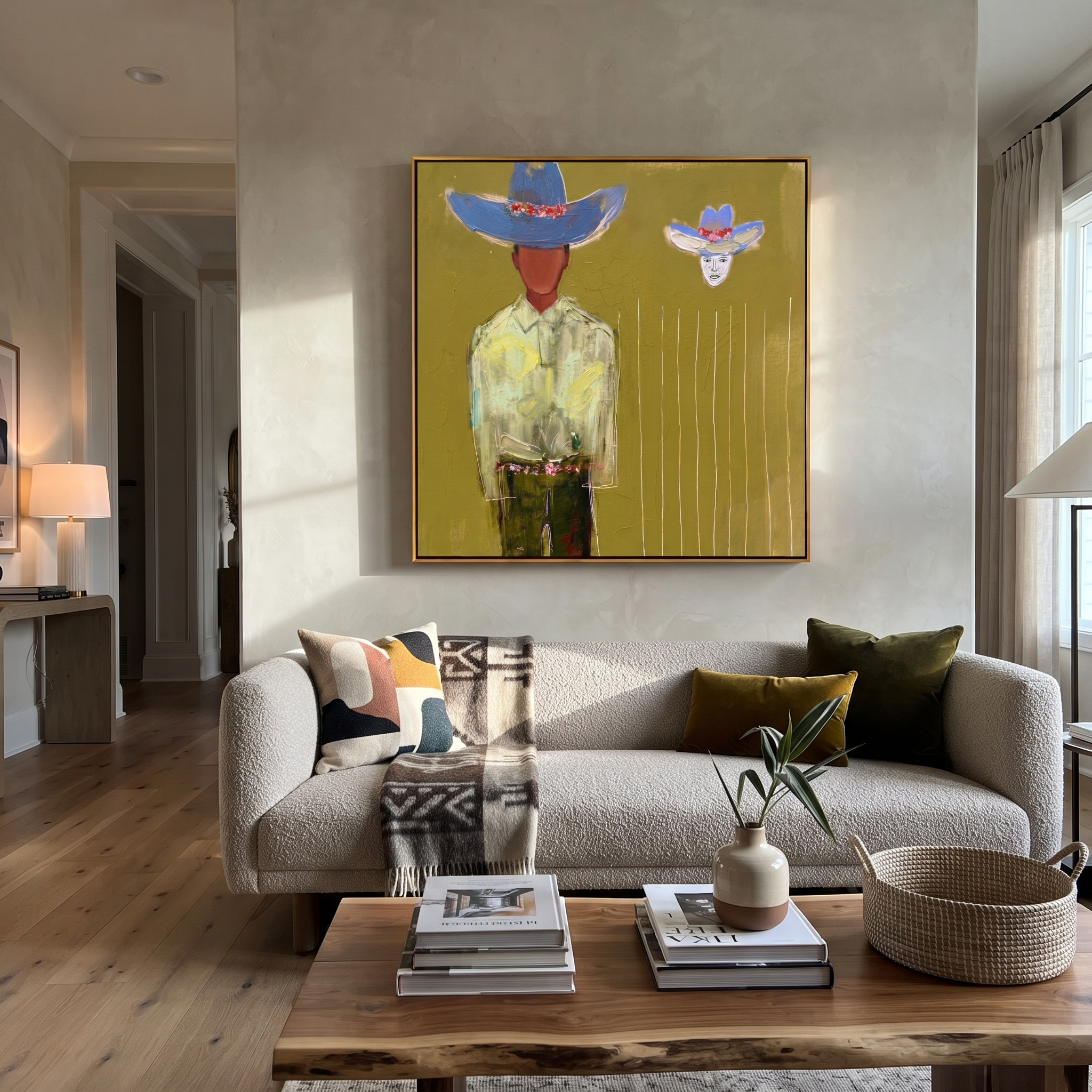 Blue Crown Floats Olive presented above a contemporary console