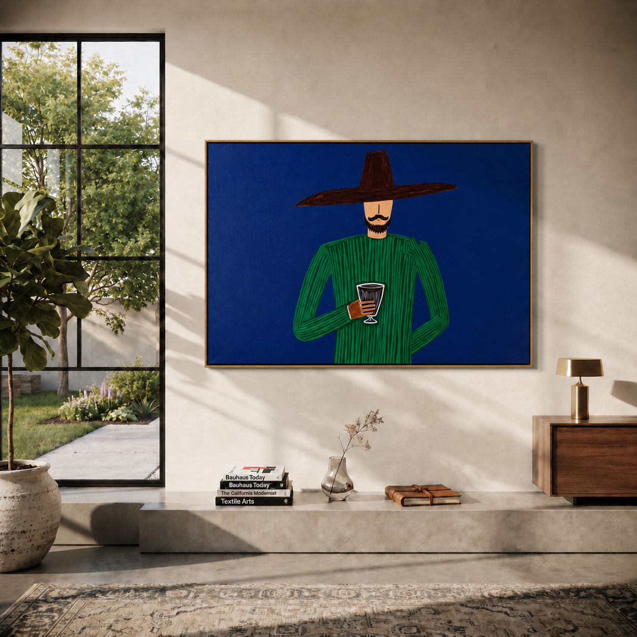 Green Hour Holds Drink styled with neutral modern furnishings