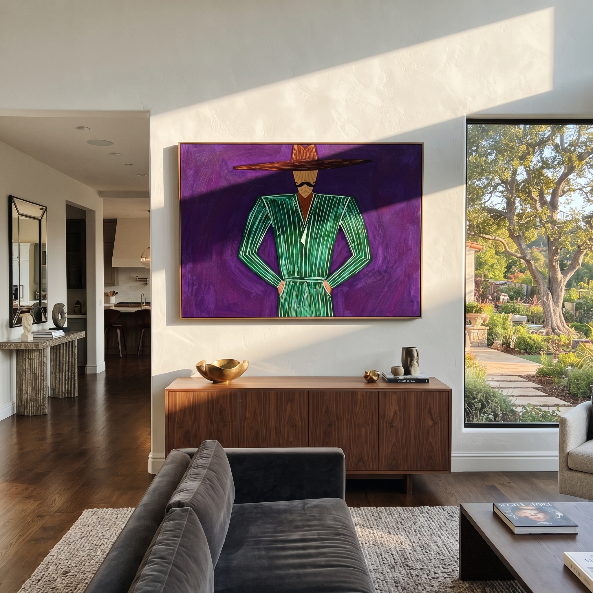 Emerald Lines Hold Violet displayed in a warm contemporary interior
