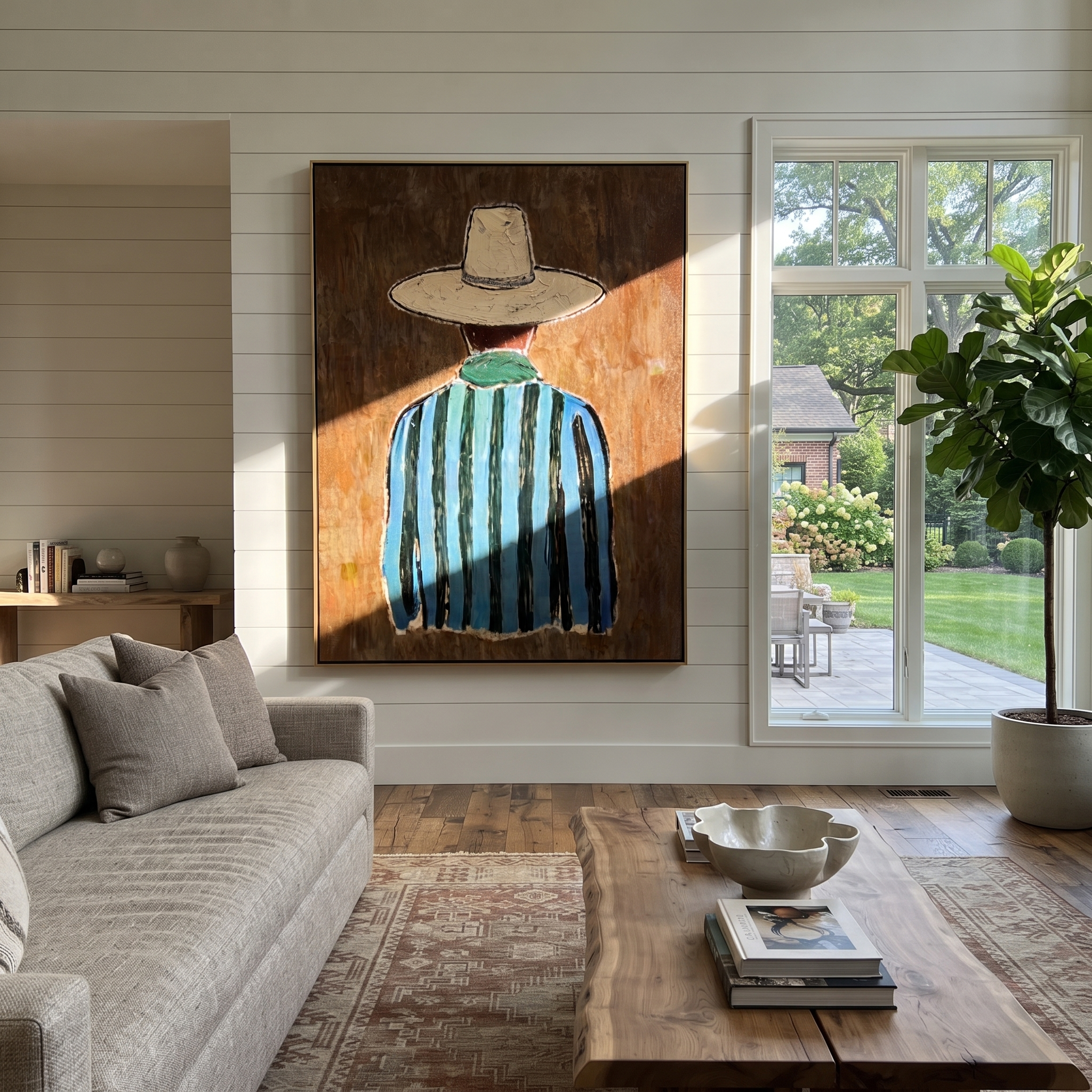 Blue Stripes Turn Away displayed in a warm contemporary interior