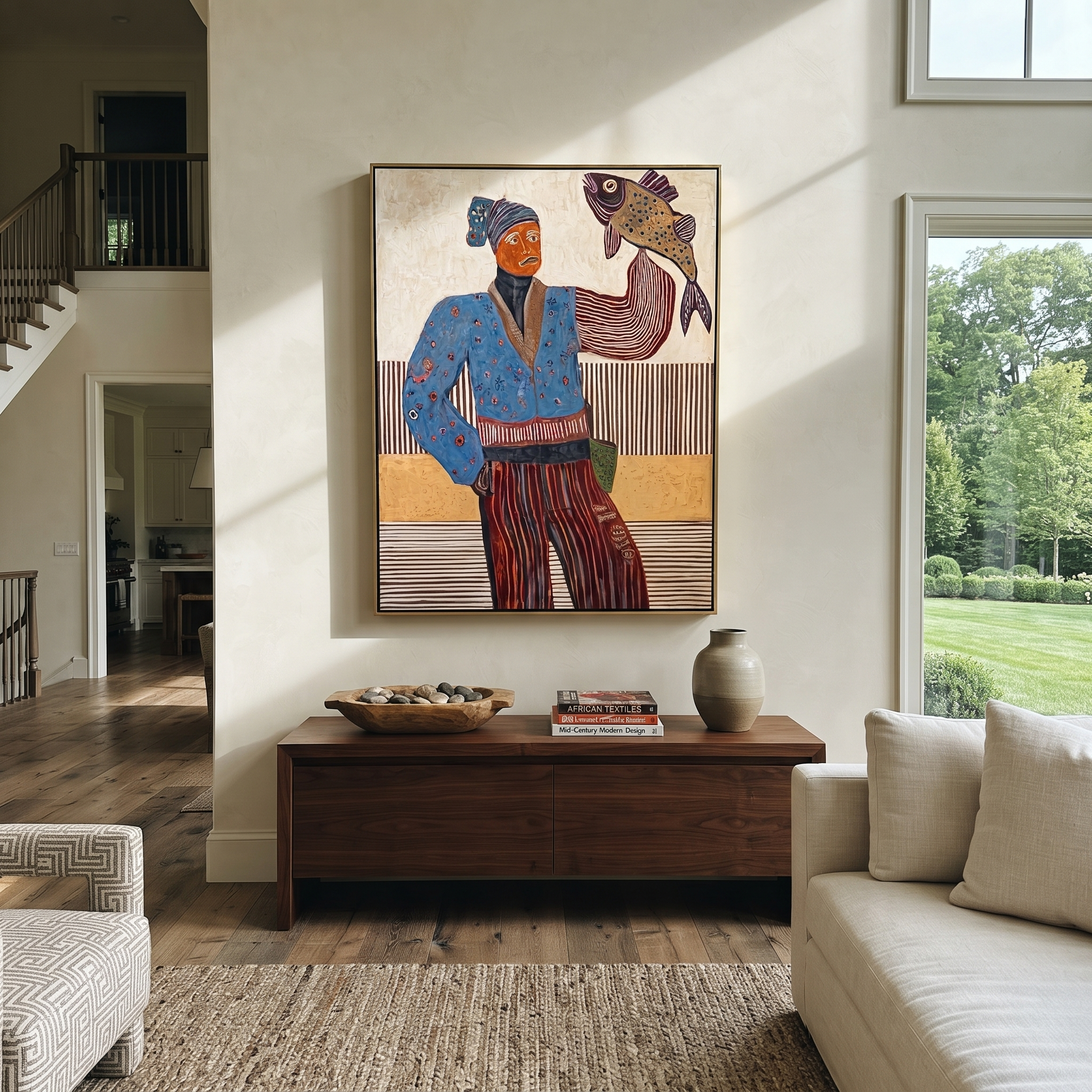 Blue Flowers Carry Catch displayed in a warm contemporary interior