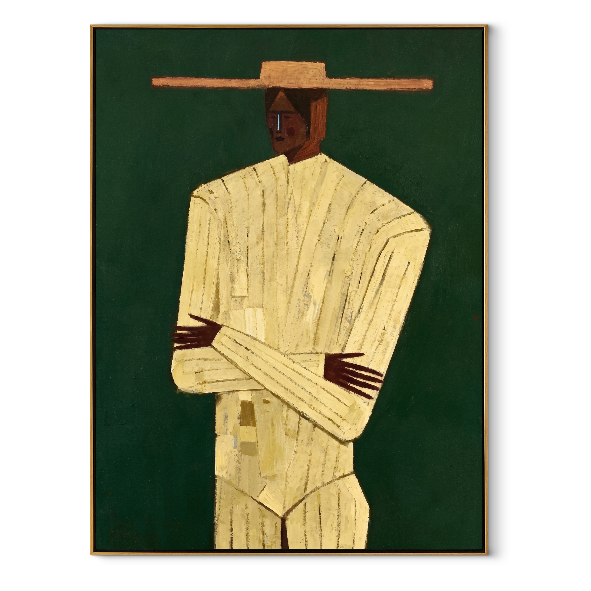 Golden Arms Cross Forest abstract figurative textured painting, vertical canvas artwork