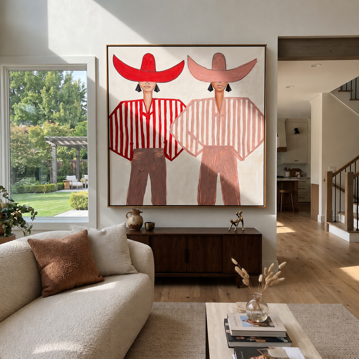 Twin Brims Share Scarlet displayed in a warm contemporary interior