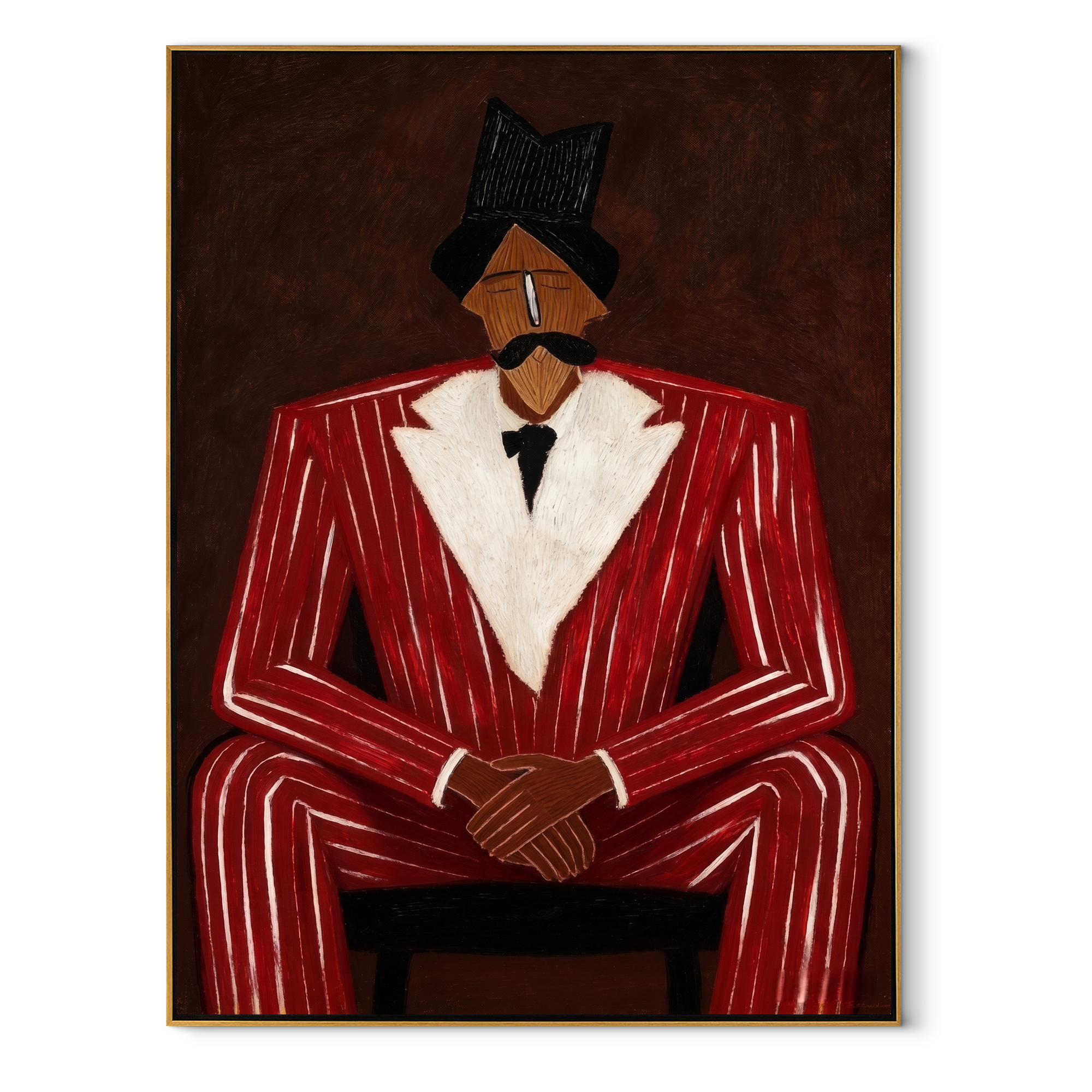 Scarlet Suit in Judgment abstract figurative textured painting, vertical canvas artwork