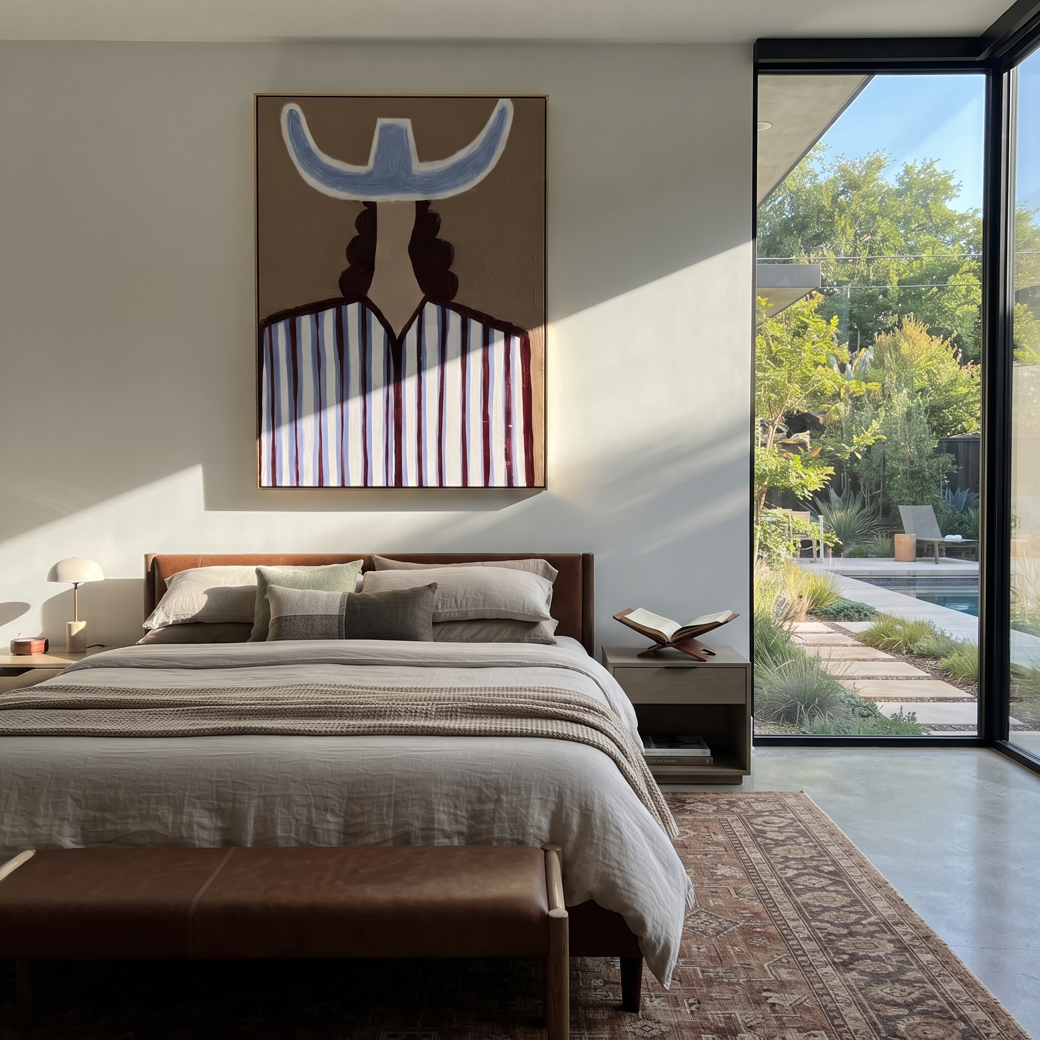Blue Crown Faces Away displayed in a warm contemporary interior