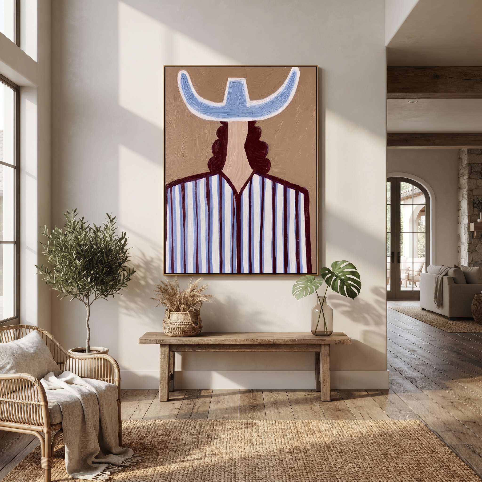 Blue Crown Faces Away presented above a contemporary console