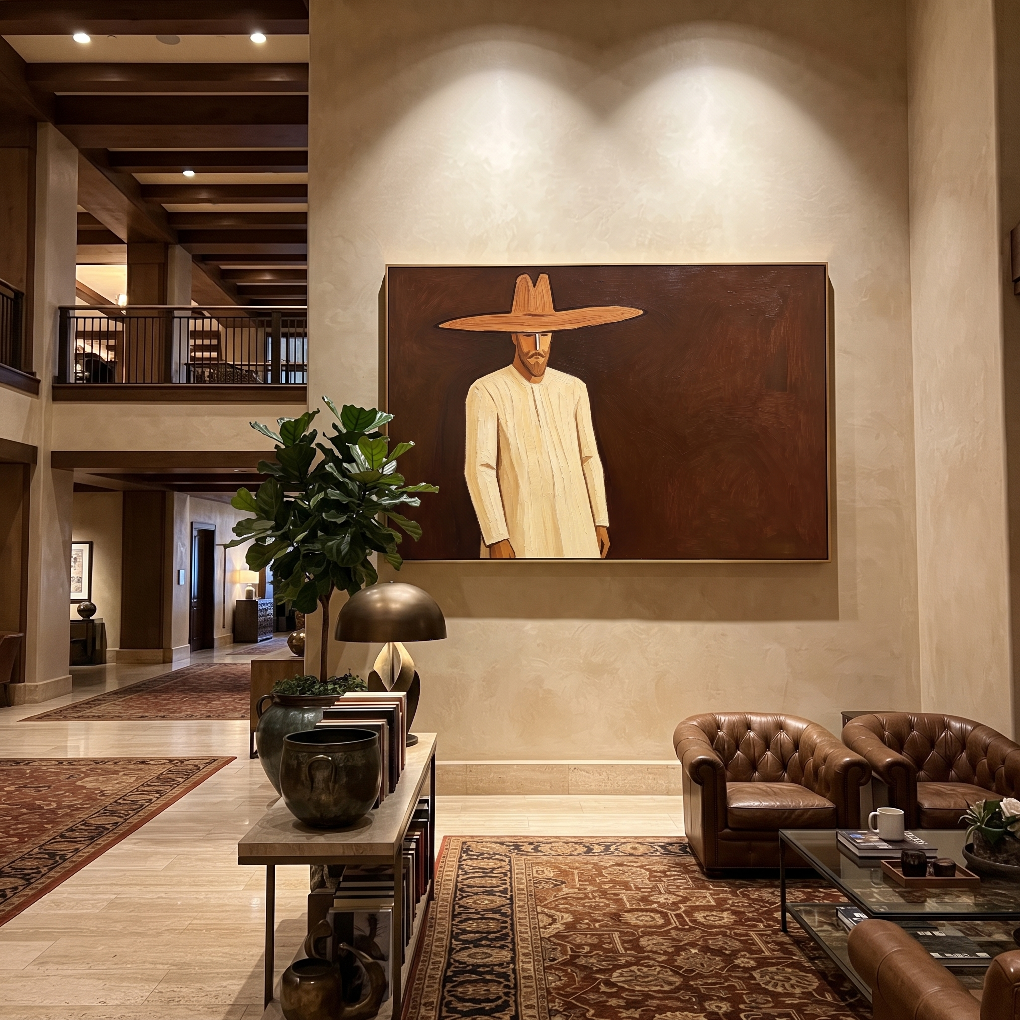 Golden Figure Walks Umber presented above a contemporary console