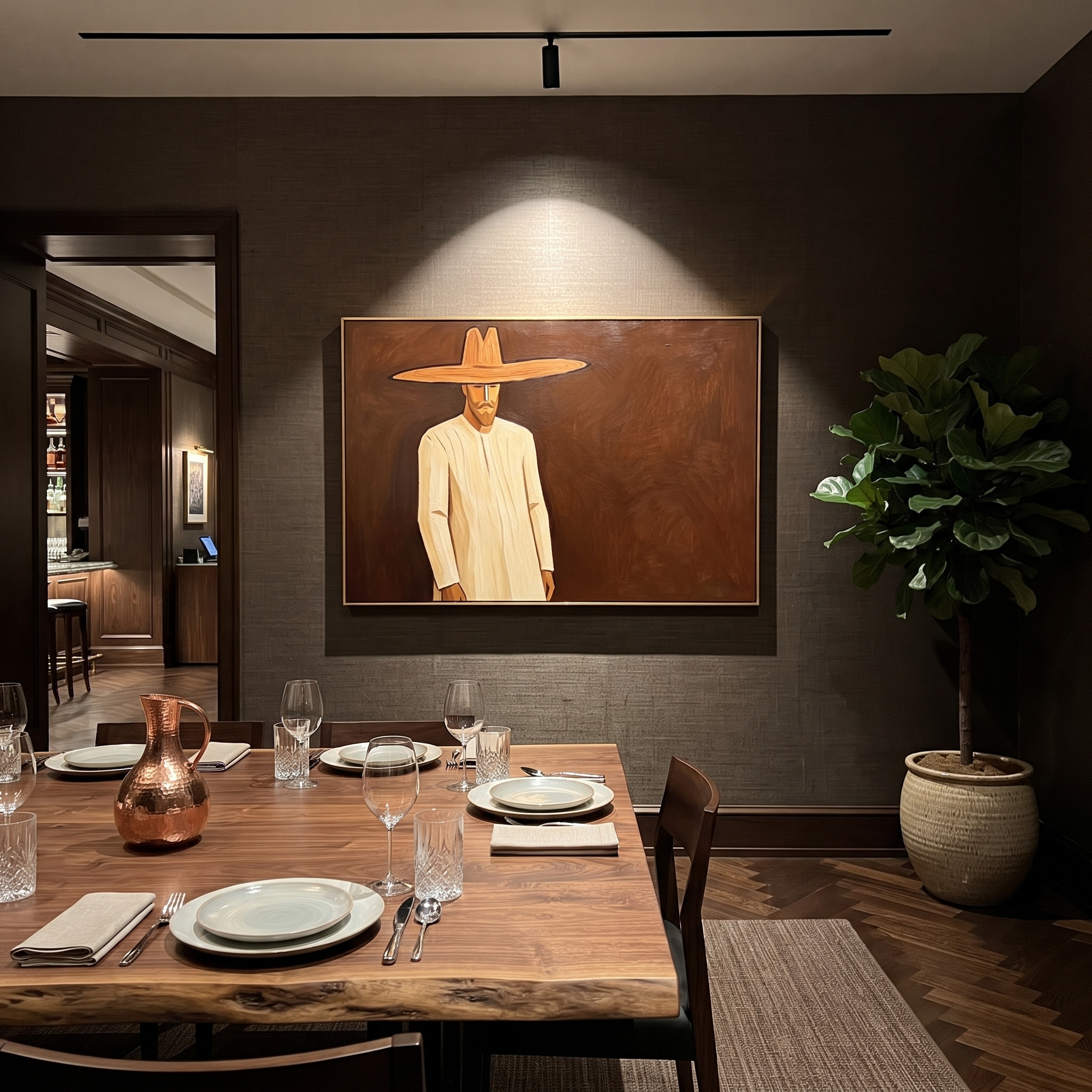 Golden Figure Walks Umber styled in a layered residential interior
