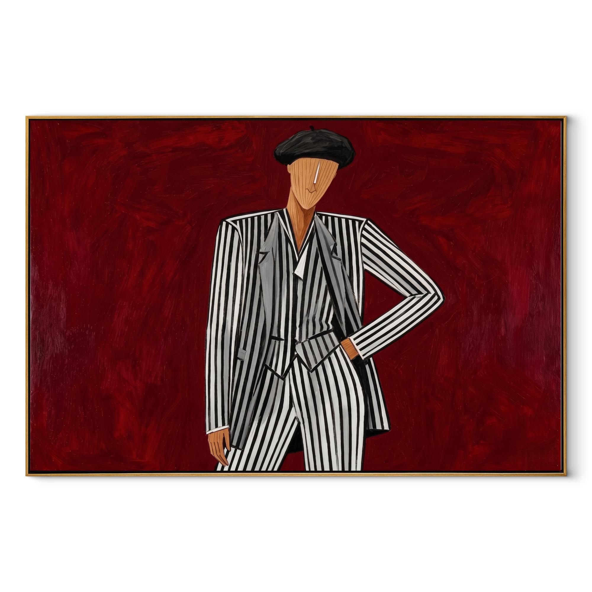 Black Stripes Challenge Crimson abstract figurative textured painting, horizontal canvas artwork