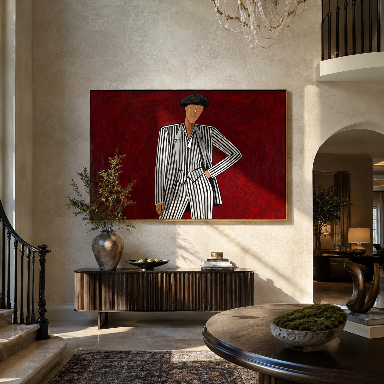 Black Stripes Challenge Crimson styled with neutral modern furnishings
