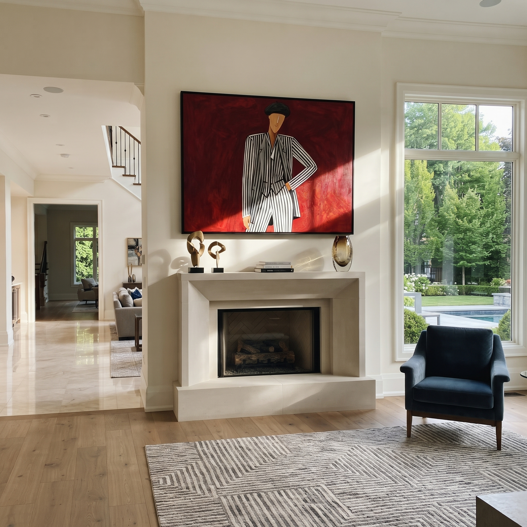 Black Stripes Challenge Crimson styled in a layered residential interior