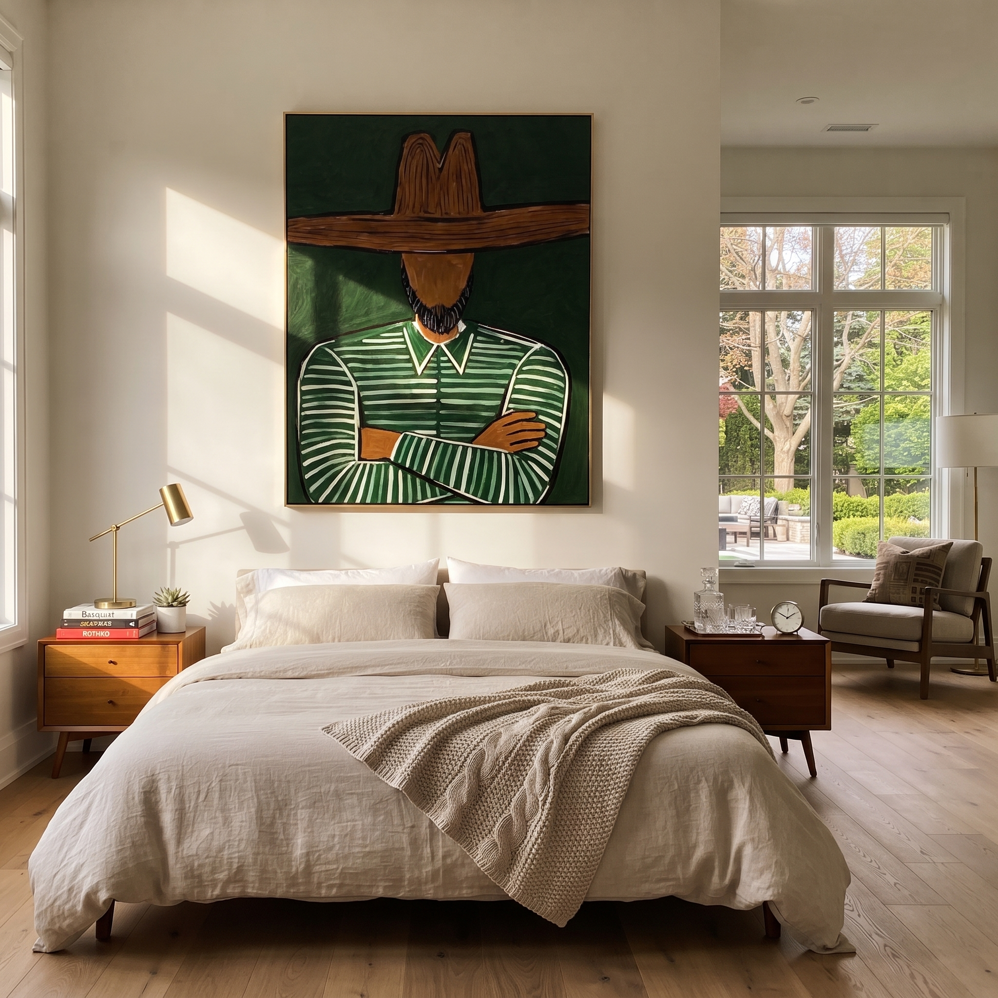 Crossed Arms Guard Green styled with neutral modern furnishings