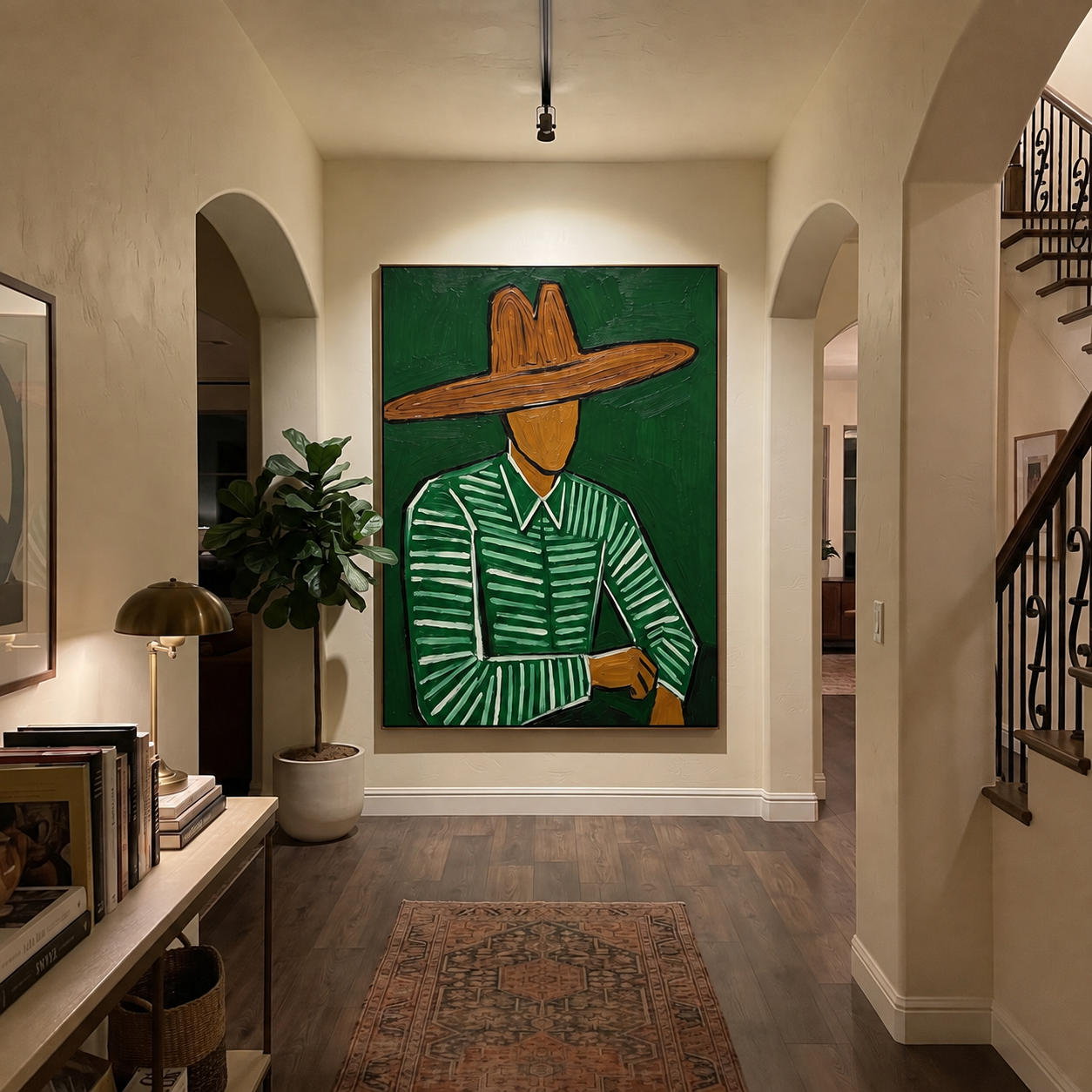 Green Hand Finds Waist presented above a contemporary console