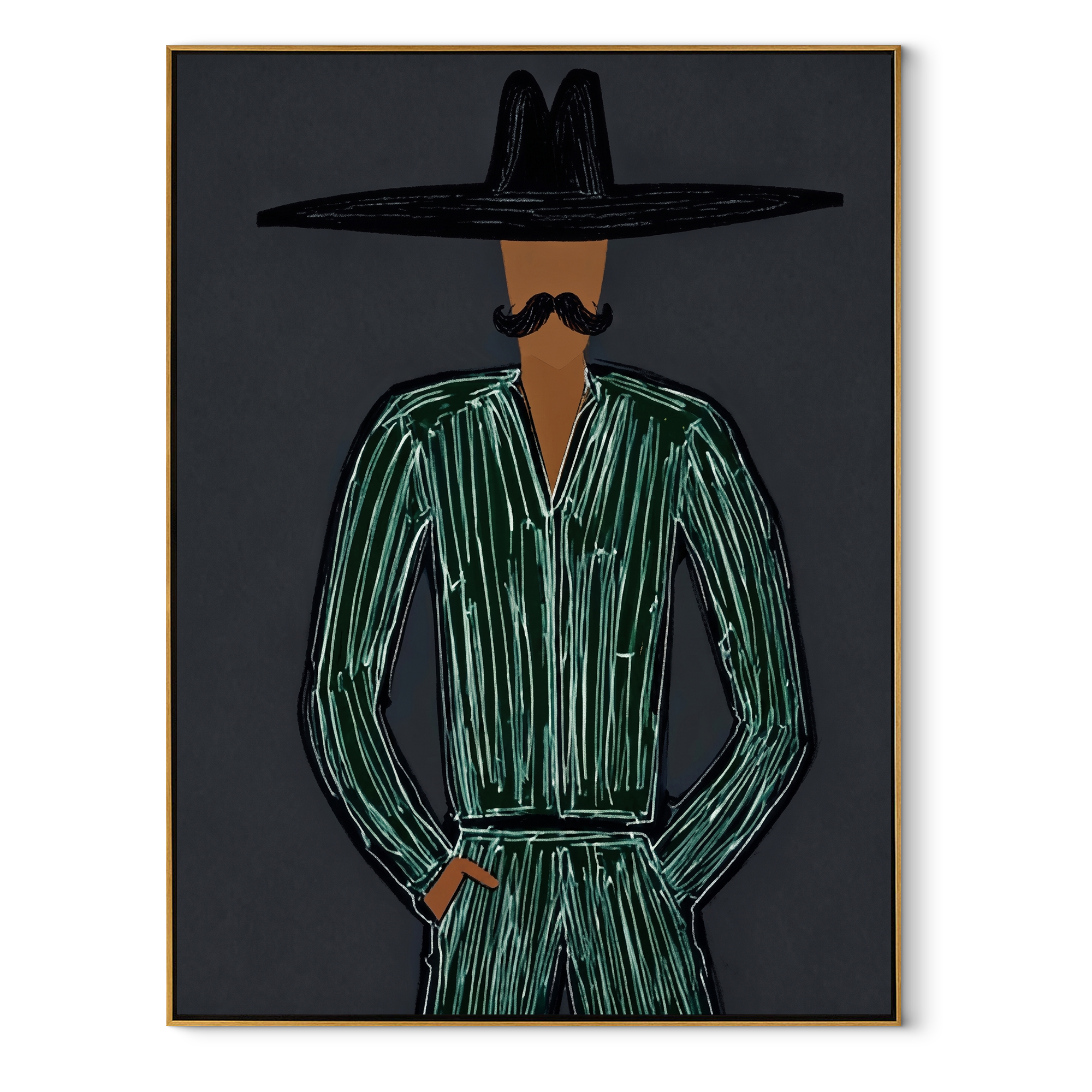 Emerald Lines Guard Charcoal abstract figurative textured painting, vertical canvas artwork