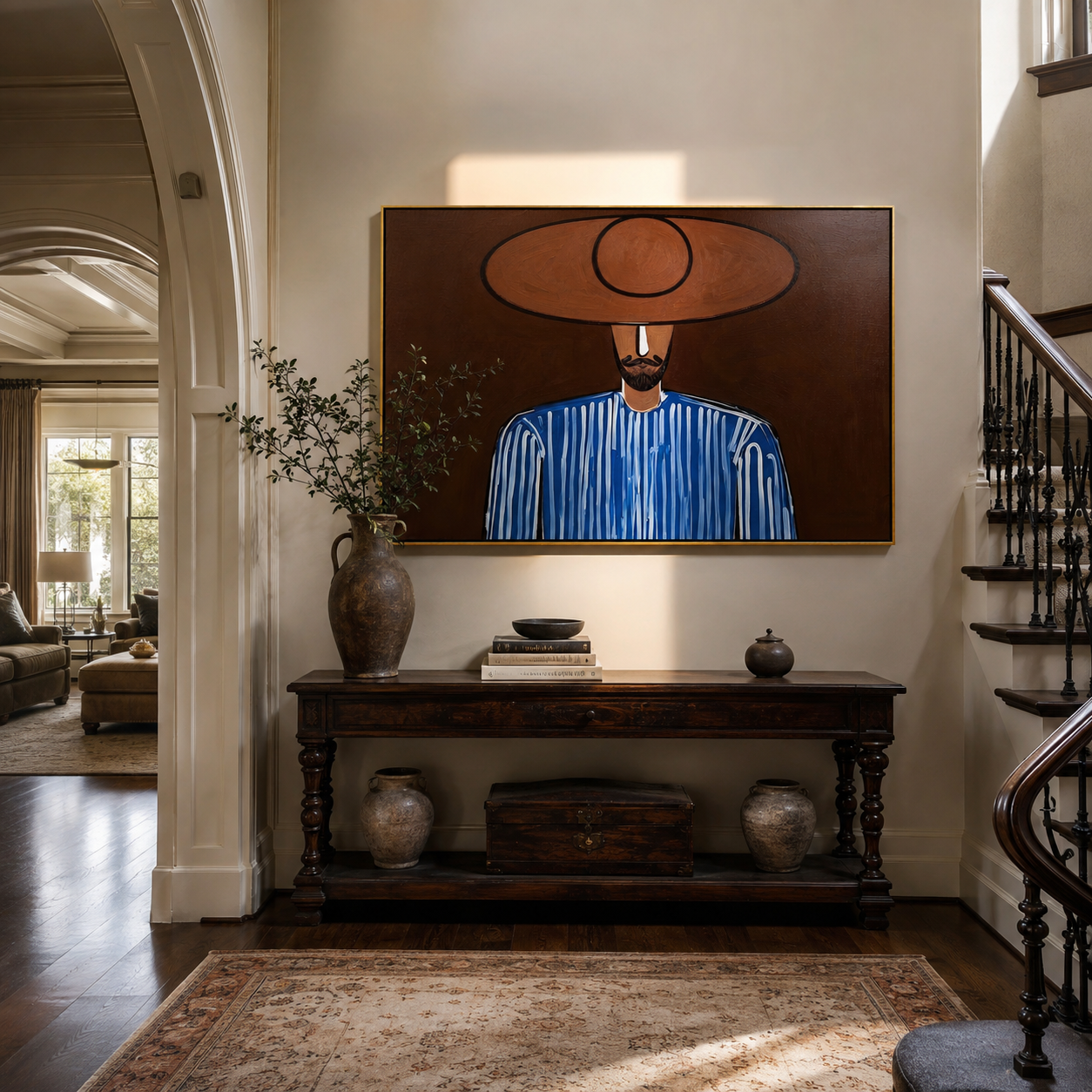 Blue Lines Meet Earth displayed in a warm contemporary interior