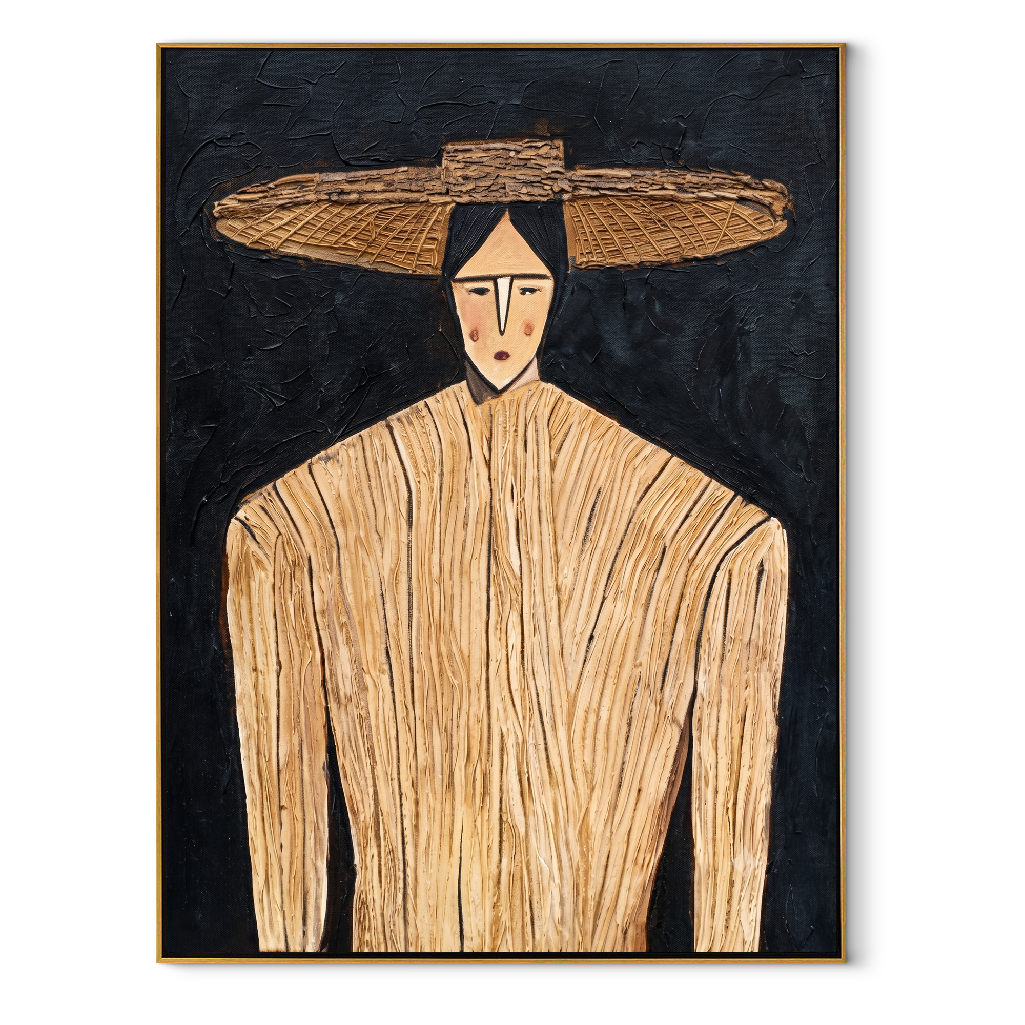 Straw Lines Against Night abstract figurative textured painting, vertical canvas artwork