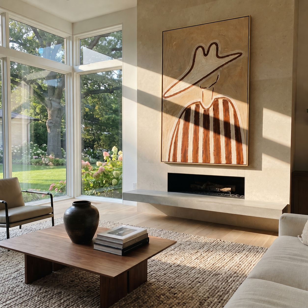 Brown Lines through Sand displayed in a warm contemporary interior
