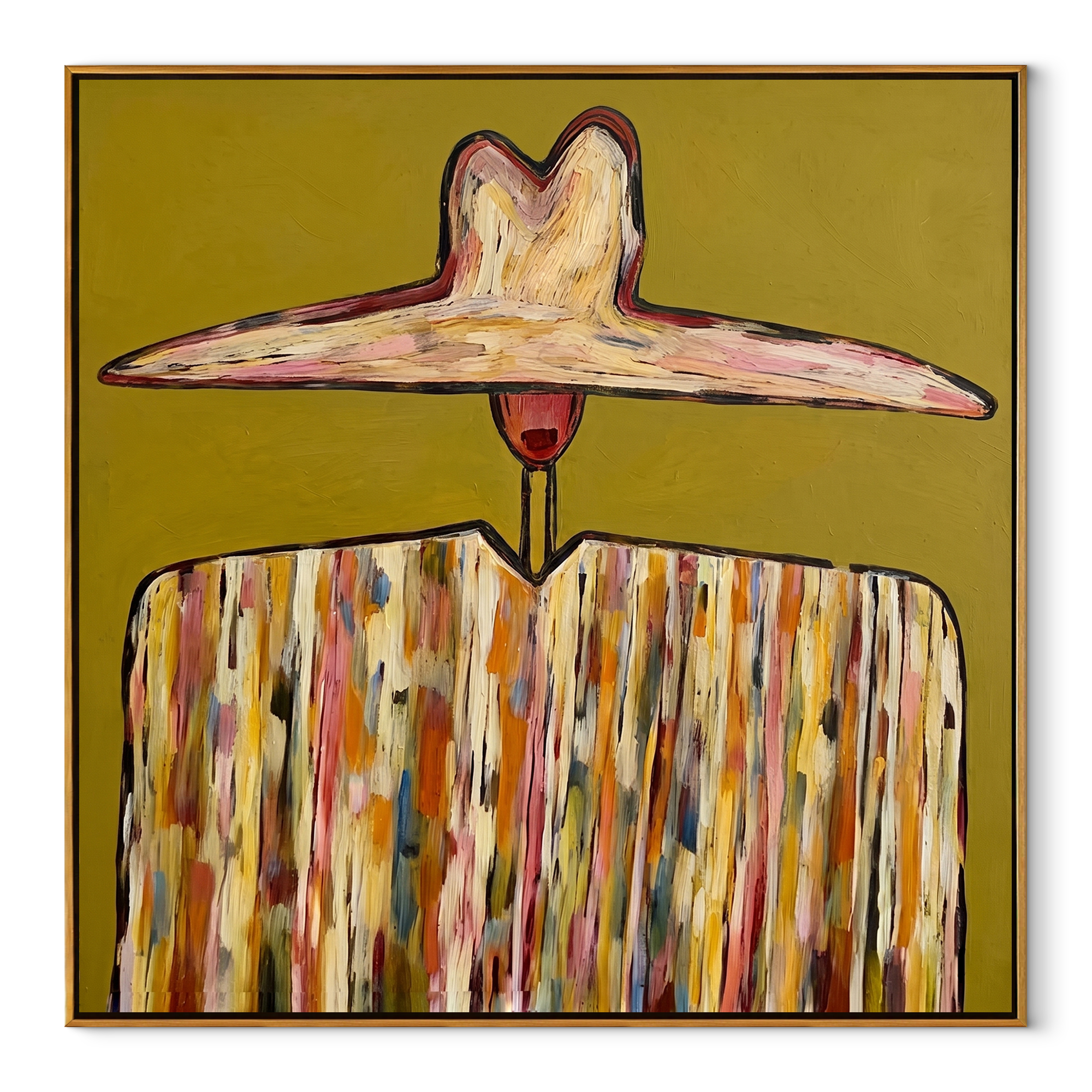 Ivory Horizon Crowns Mustard abstract figurative textured painting, square canvas artwork