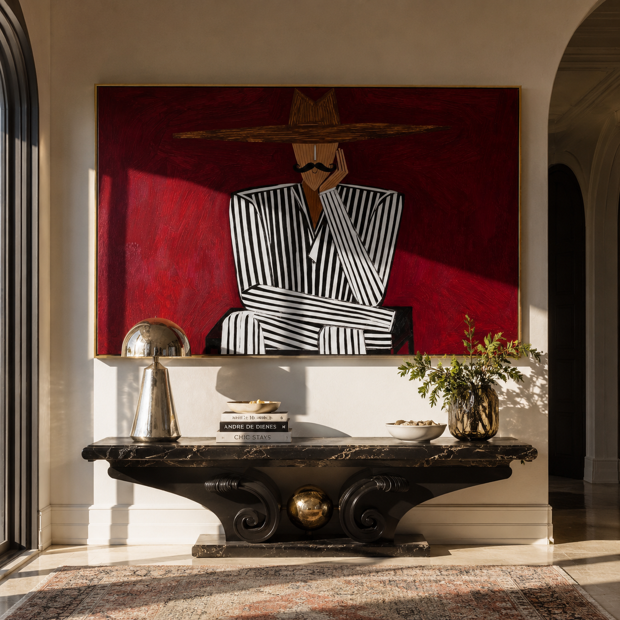 Burgundy Silence Crosses Lines displayed in a warm contemporary interior