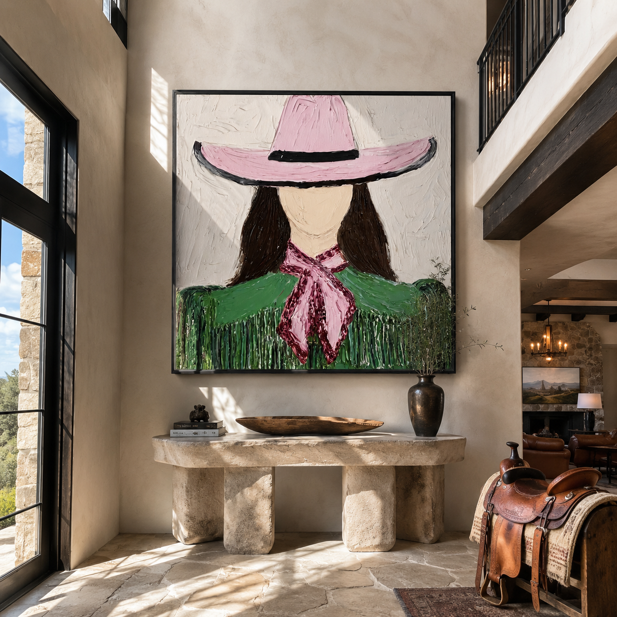 Pink Brim Shelters Fringe displayed in a warm contemporary interior
