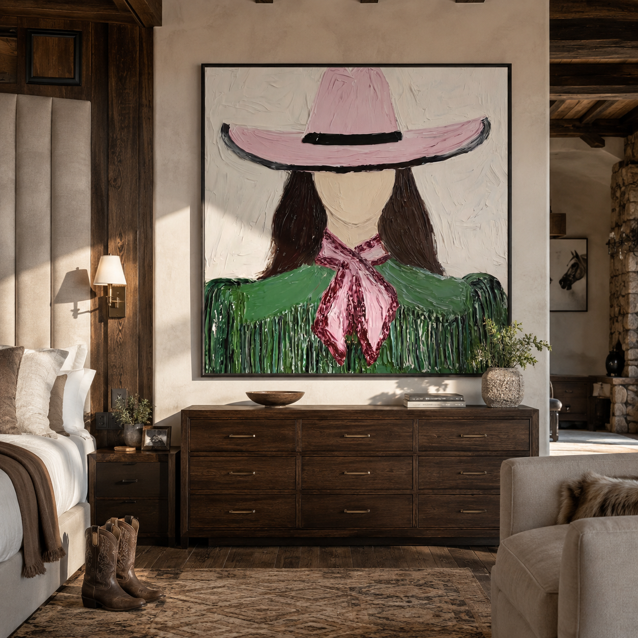 Pink Brim Shelters Fringe styled with neutral modern furnishings
