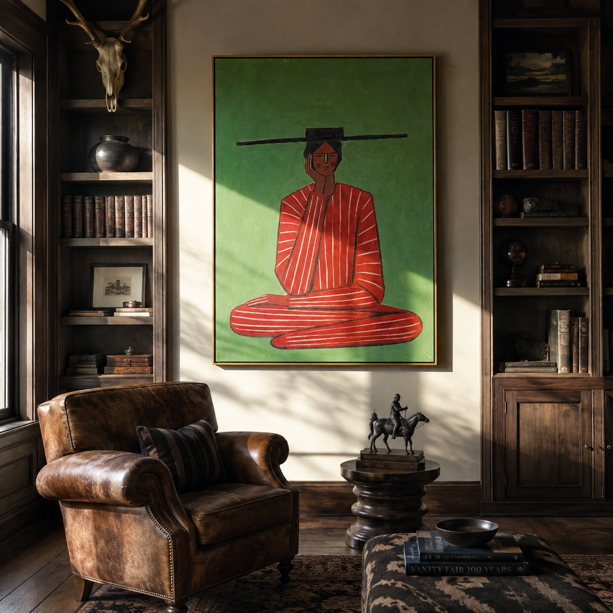 Scarlet Stillness Sits Green styled with neutral modern furnishings