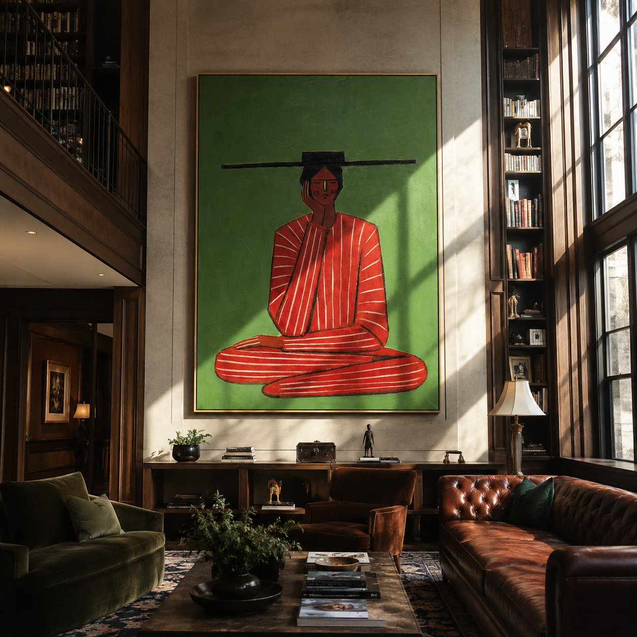 Scarlet Stillness Sits Green presented above a contemporary console