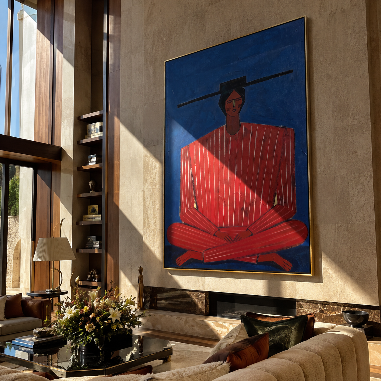 Scarlet Stripes on Cobalt displayed in a warm contemporary interior
