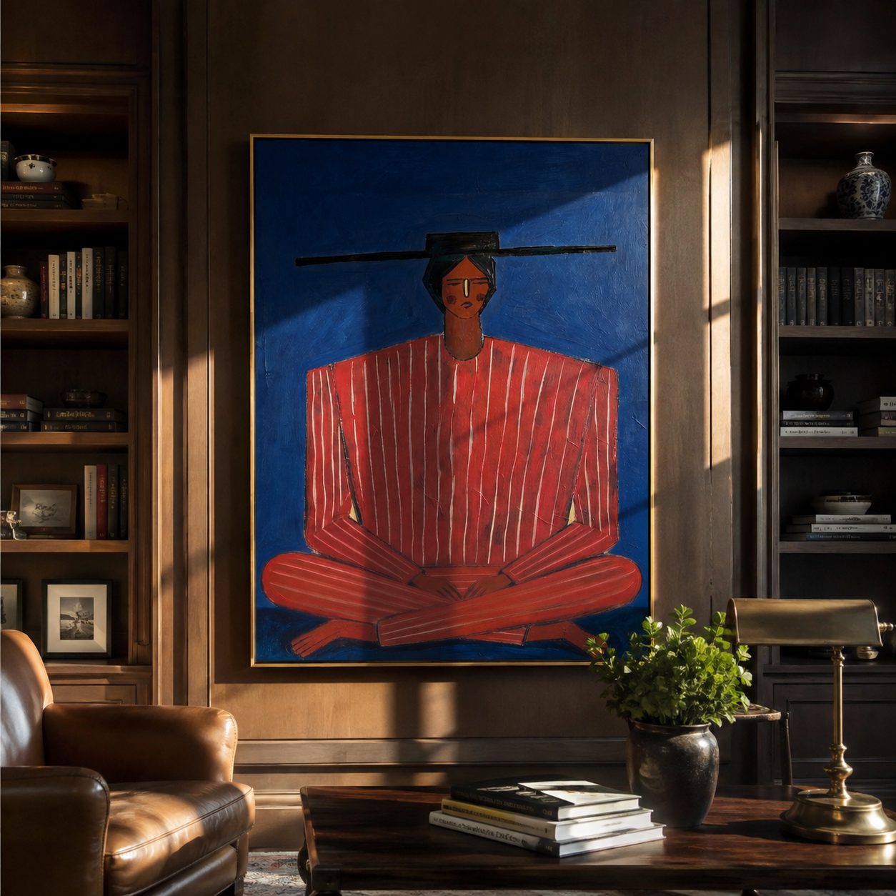 Scarlet Stripes on Cobalt presented above a contemporary console
