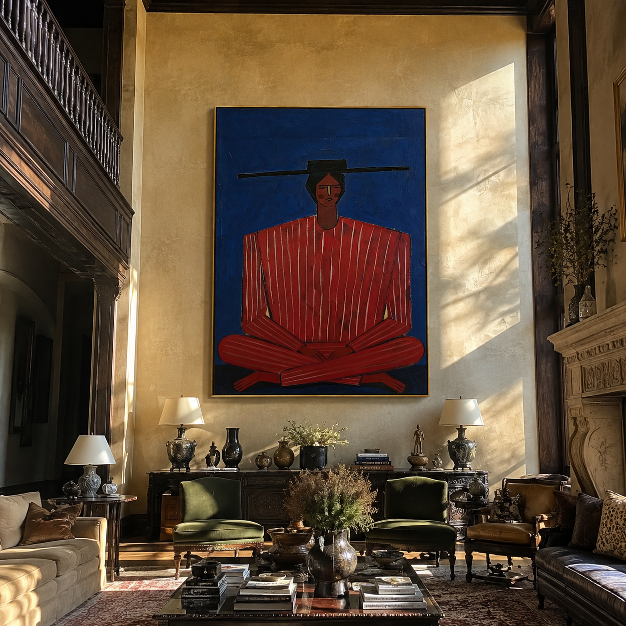Scarlet Stripes on Cobalt styled in a layered residential interior