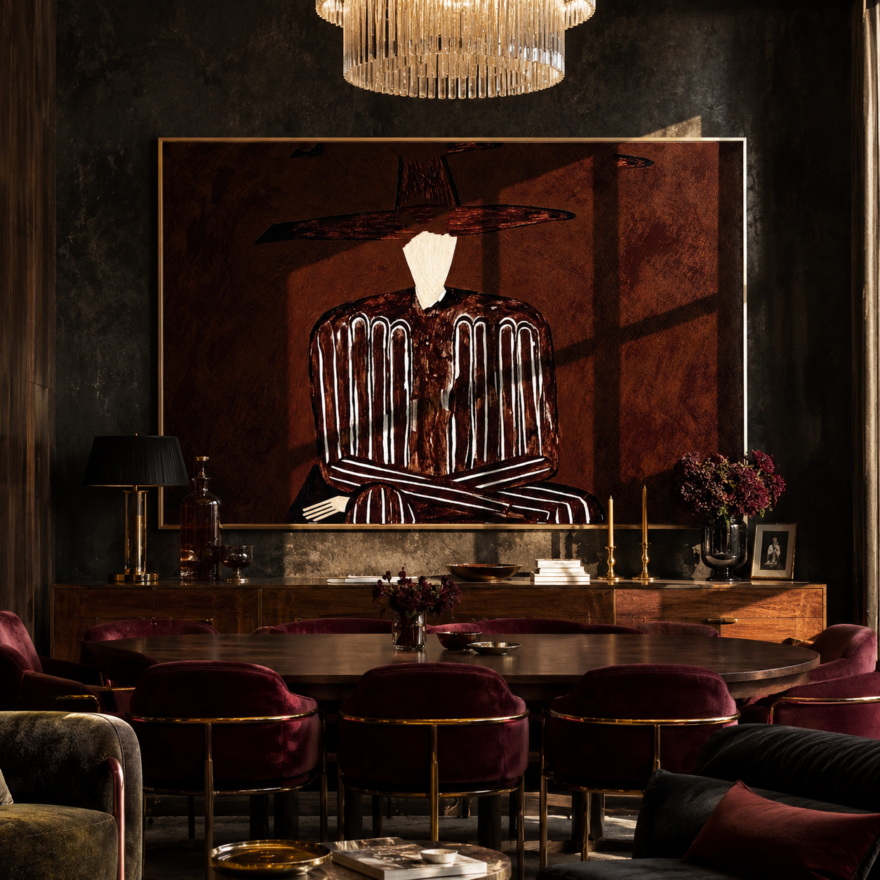 Brown Stripes in Shadow presented above a contemporary console