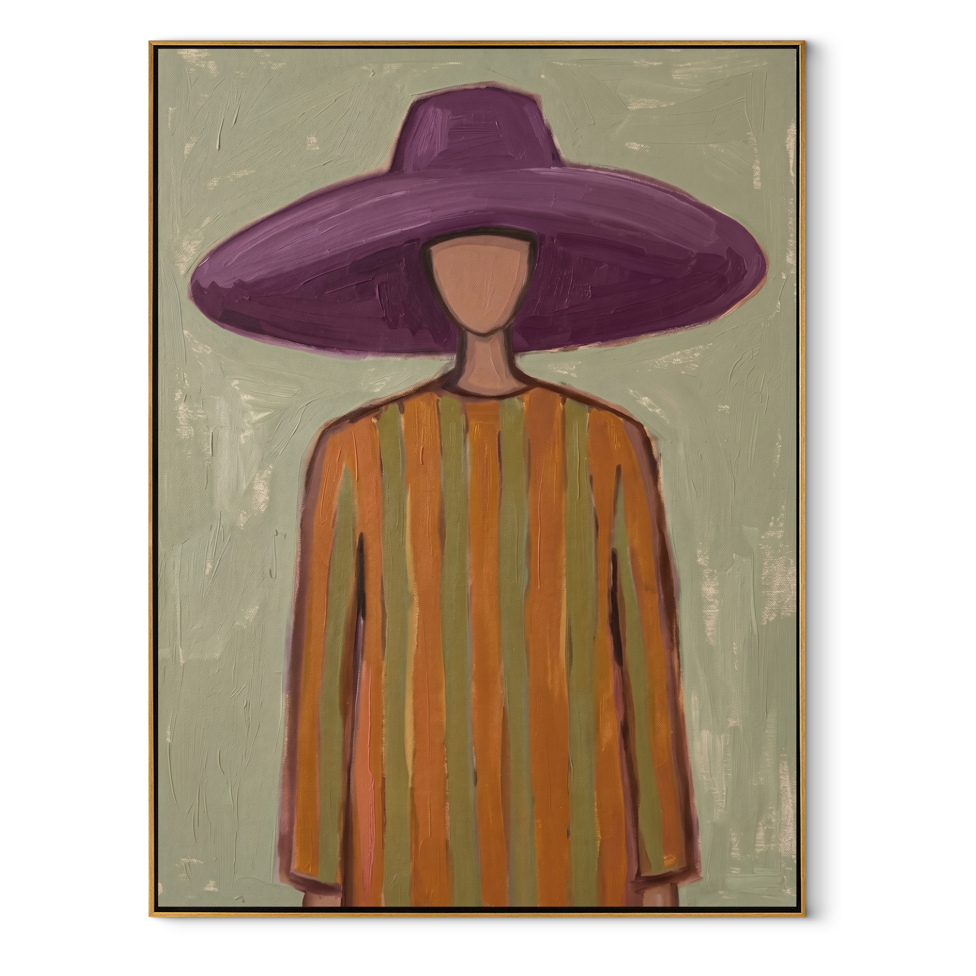 Violet Brim over Sage abstract figurative textured painting, vertical canvas artwork