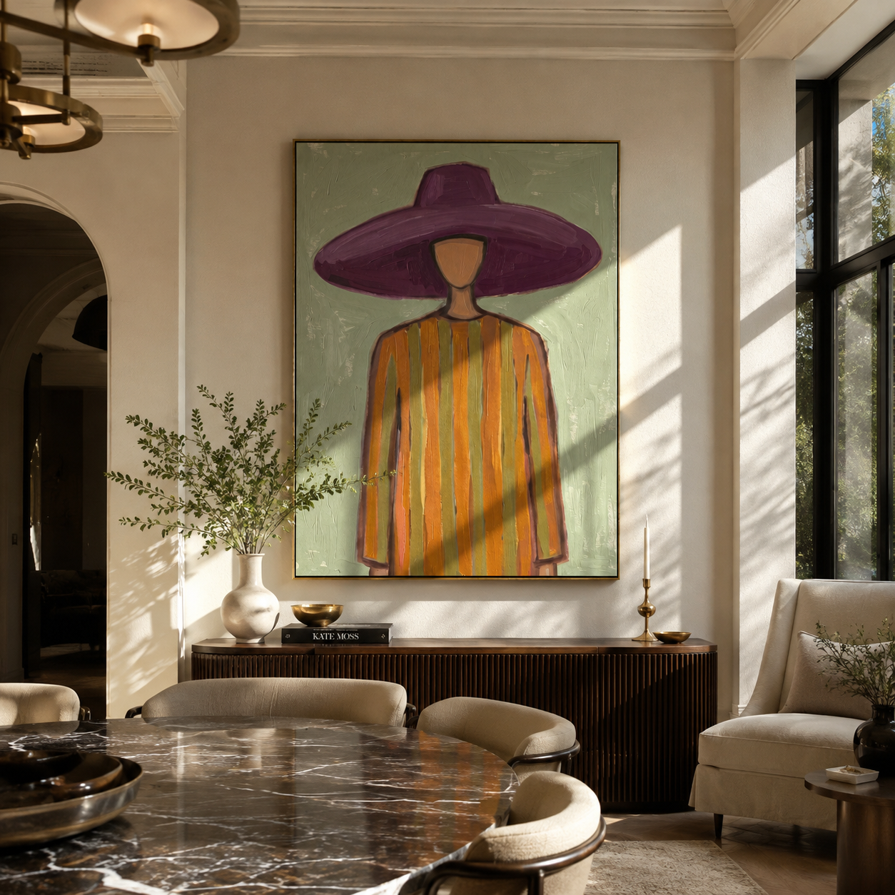 Violet Brim over Sage styled in a layered residential interior