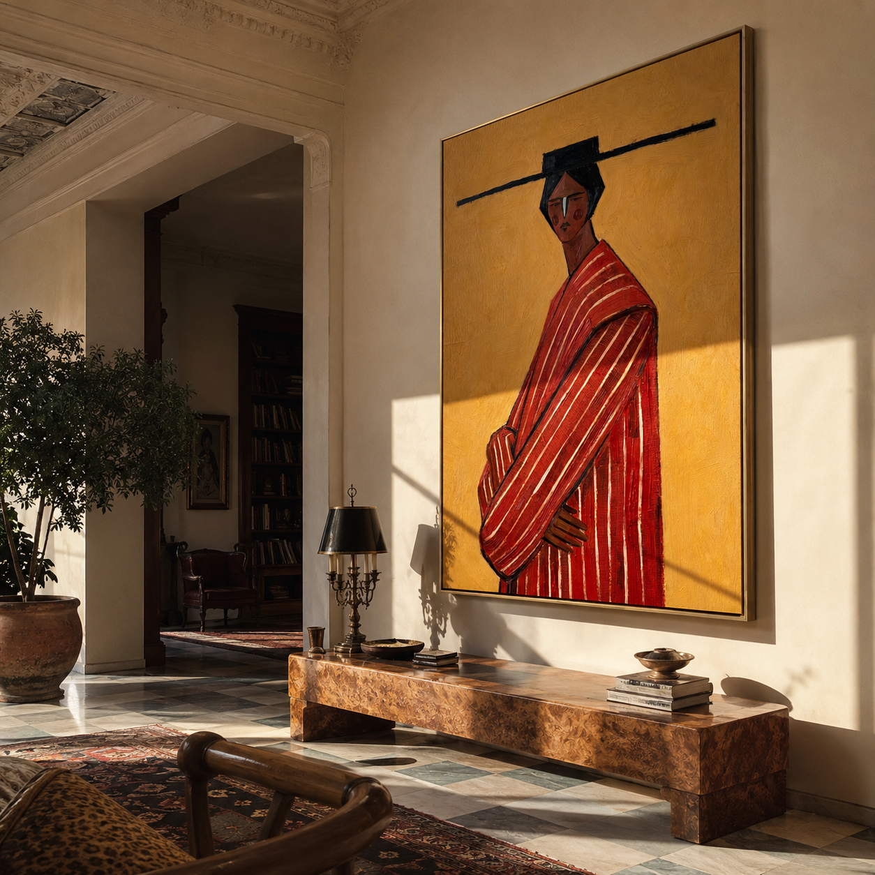 Scarlet Robe toward Gold displayed in a warm contemporary interior