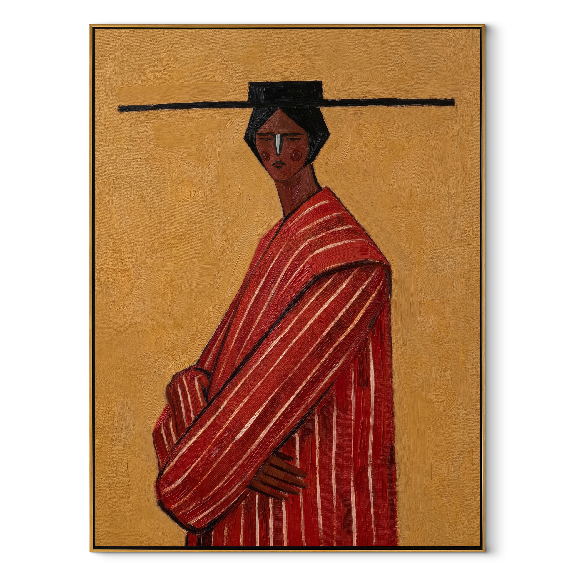 Scarlet Robe toward Gold abstract figurative textured painting, vertical canvas artwork