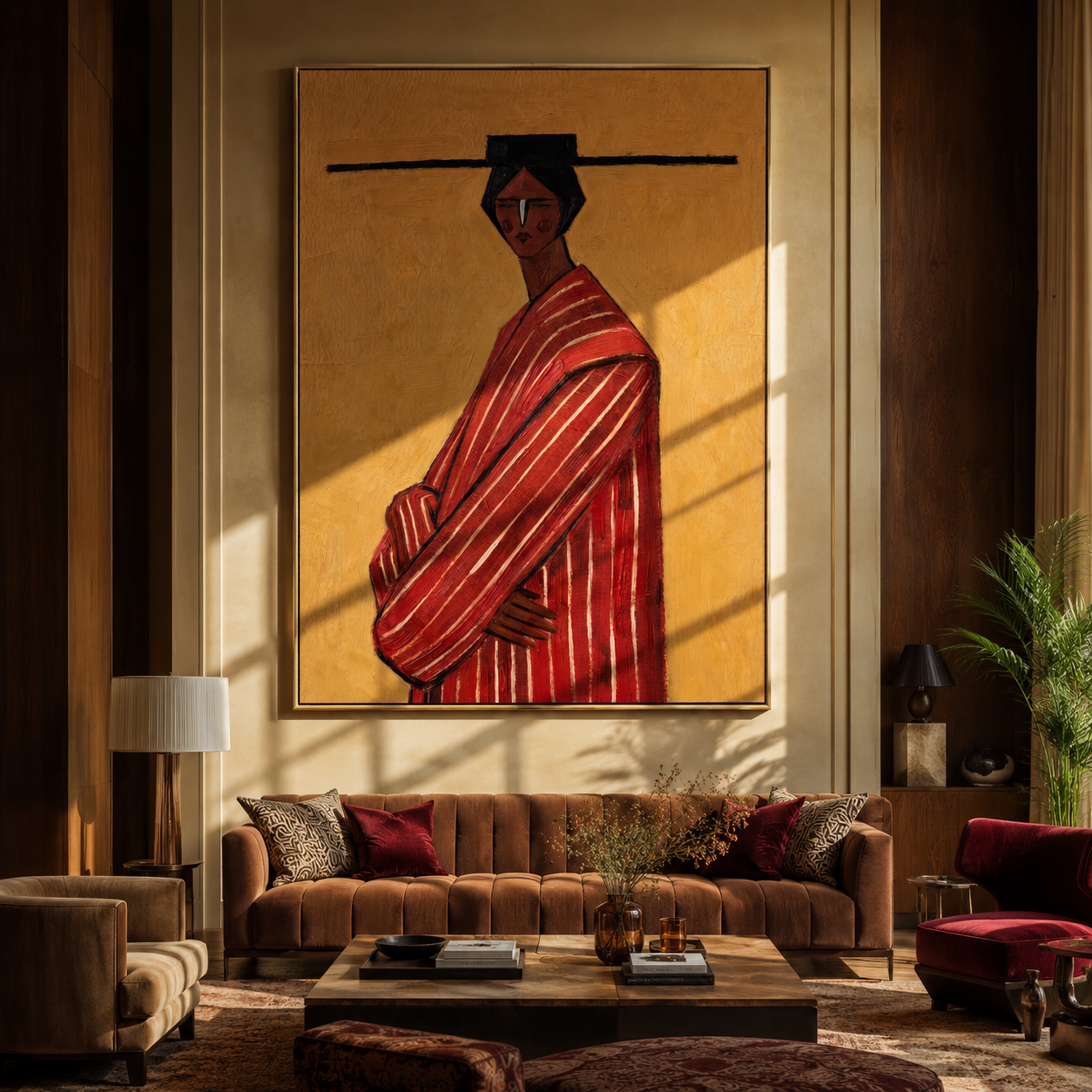 Scarlet Robe toward Gold presented above a contemporary console