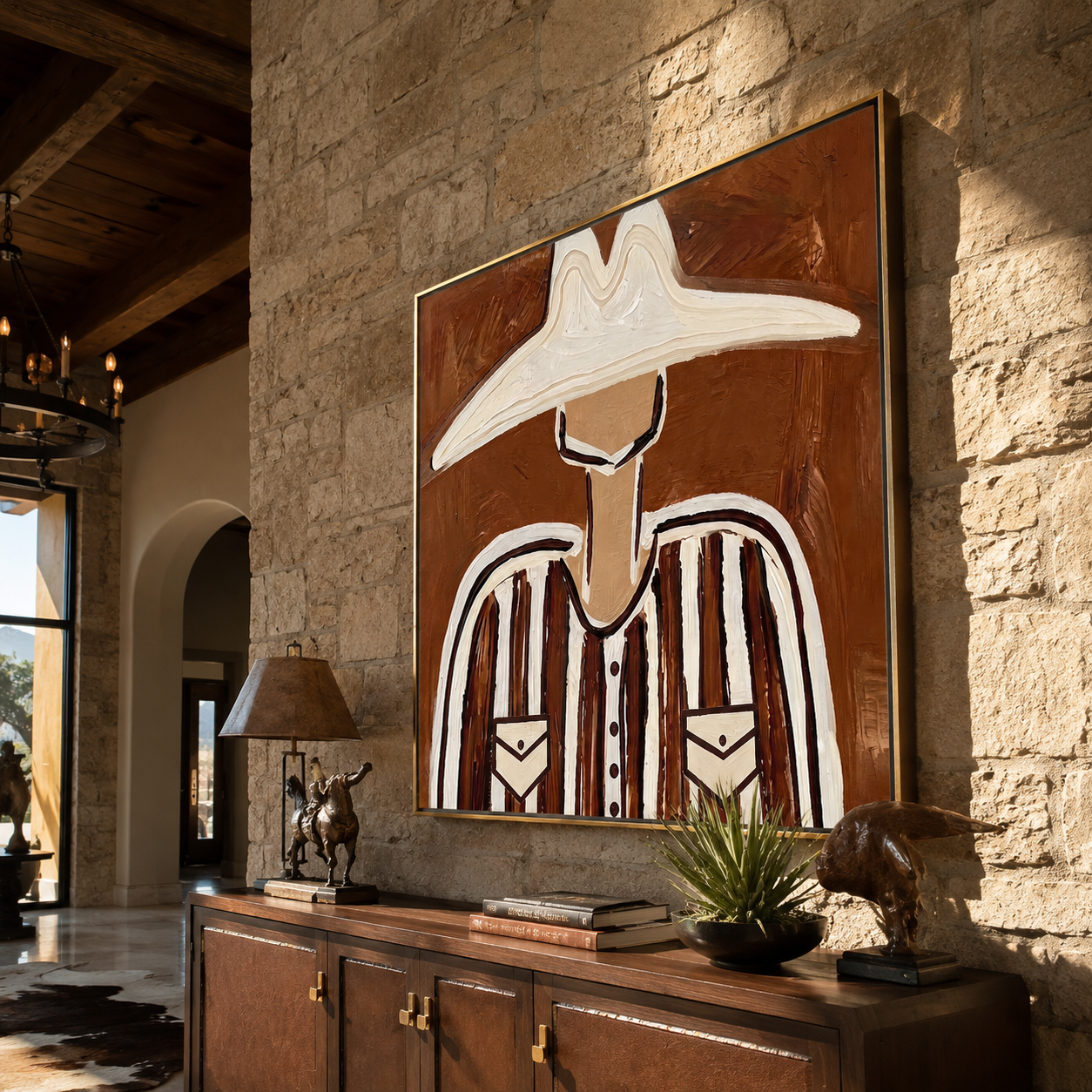 White Brim Crowns Stripes styled in a layered residential interior