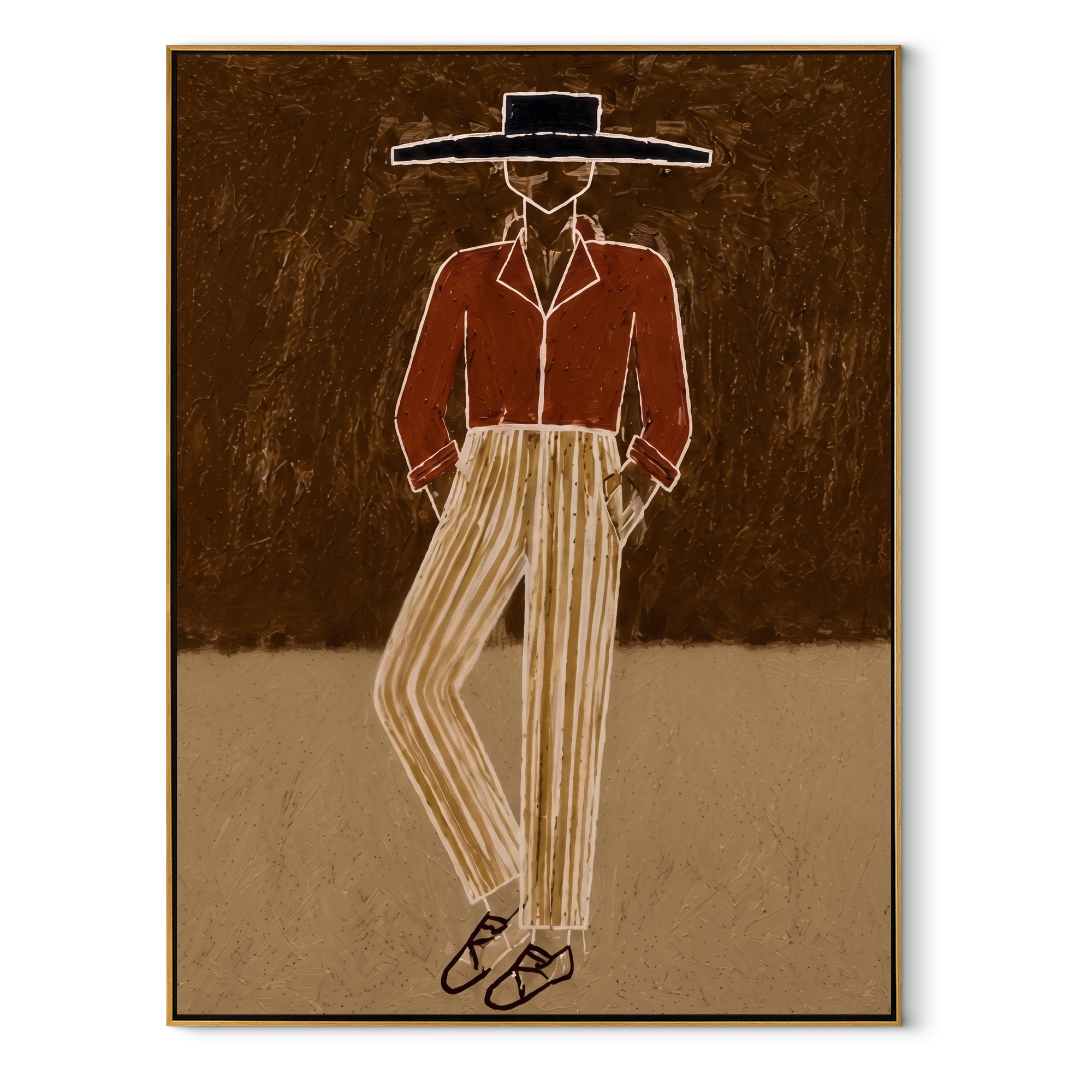 Rust Jacket Walks Earth abstract figurative textured painting, vertical canvas artwork