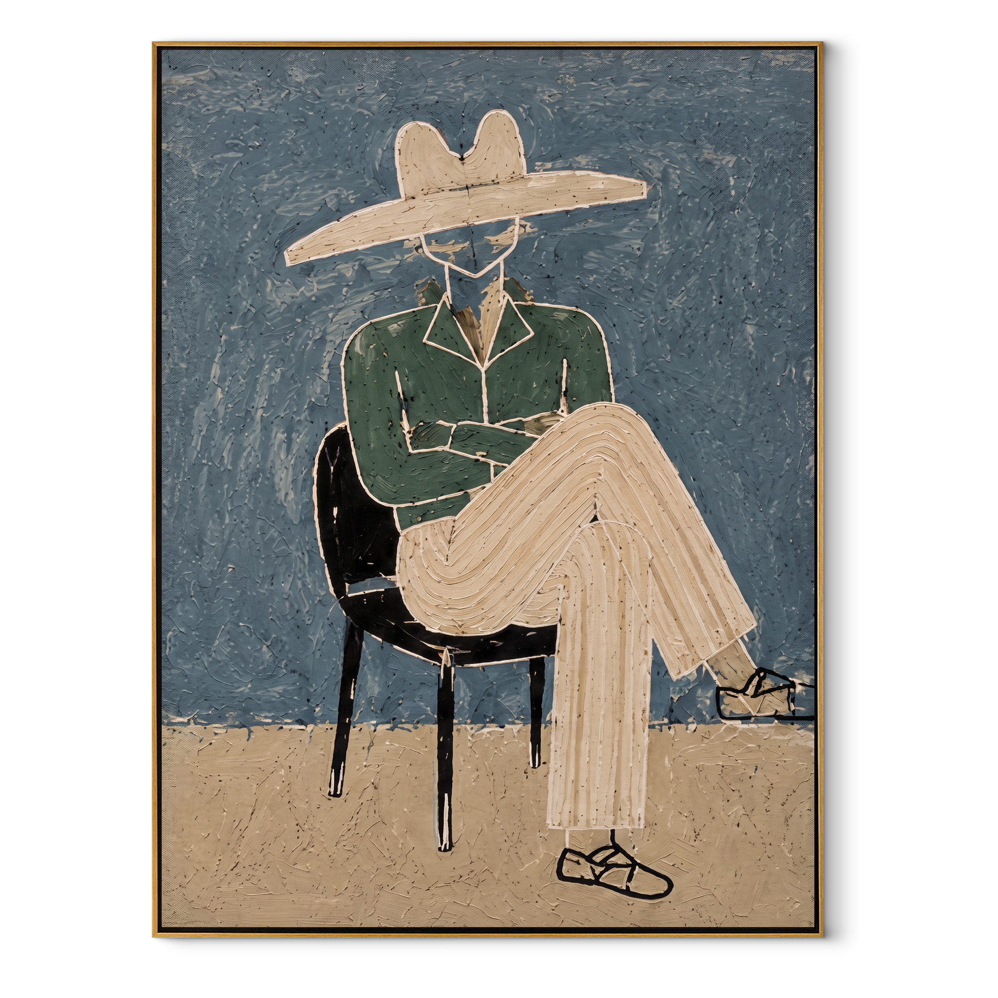 Green Jacket Crosses Chair abstract figurative textured painting, vertical canvas artwork