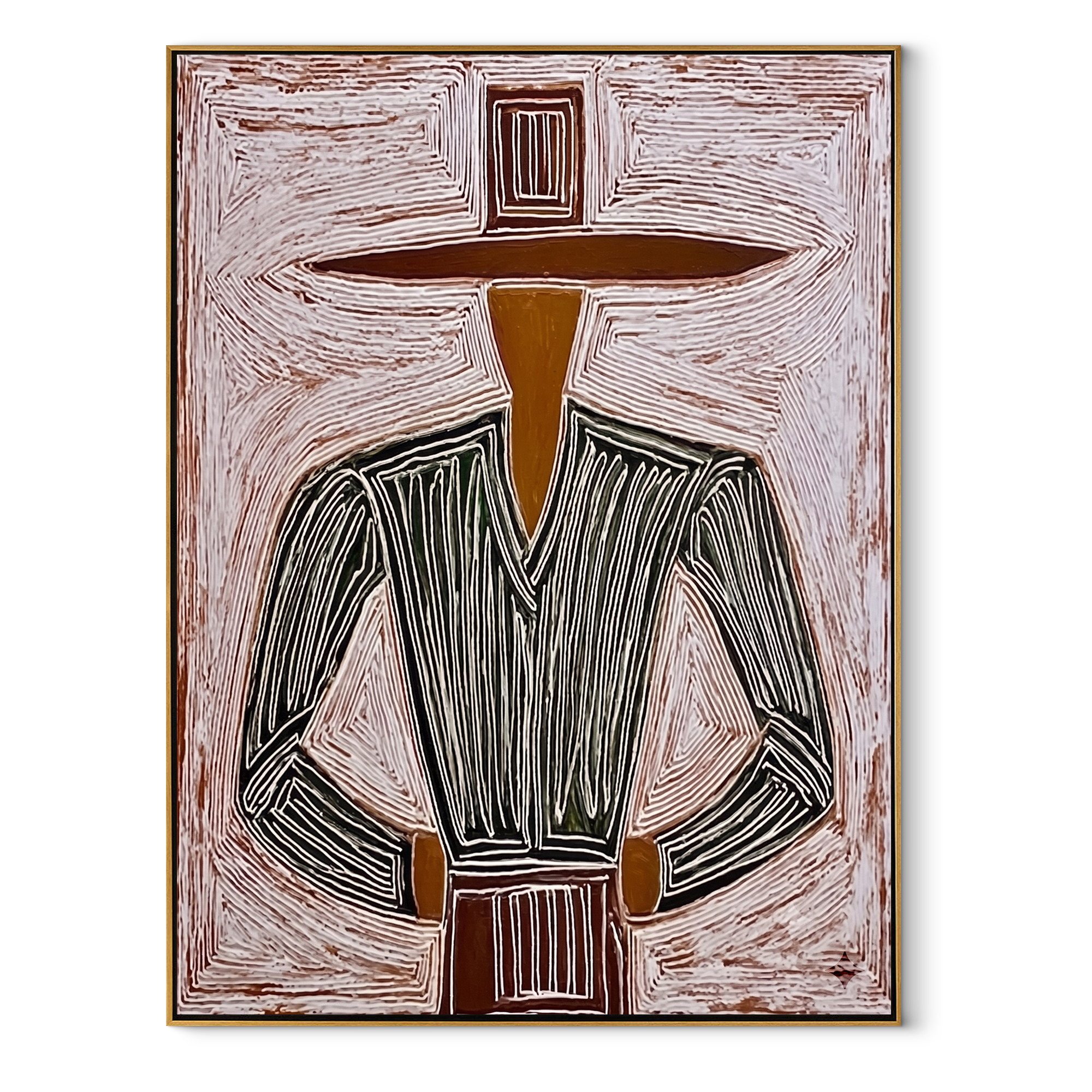 Charcoal Jacket Meets Field abstract figurative textured painting, vertical canvas artwork