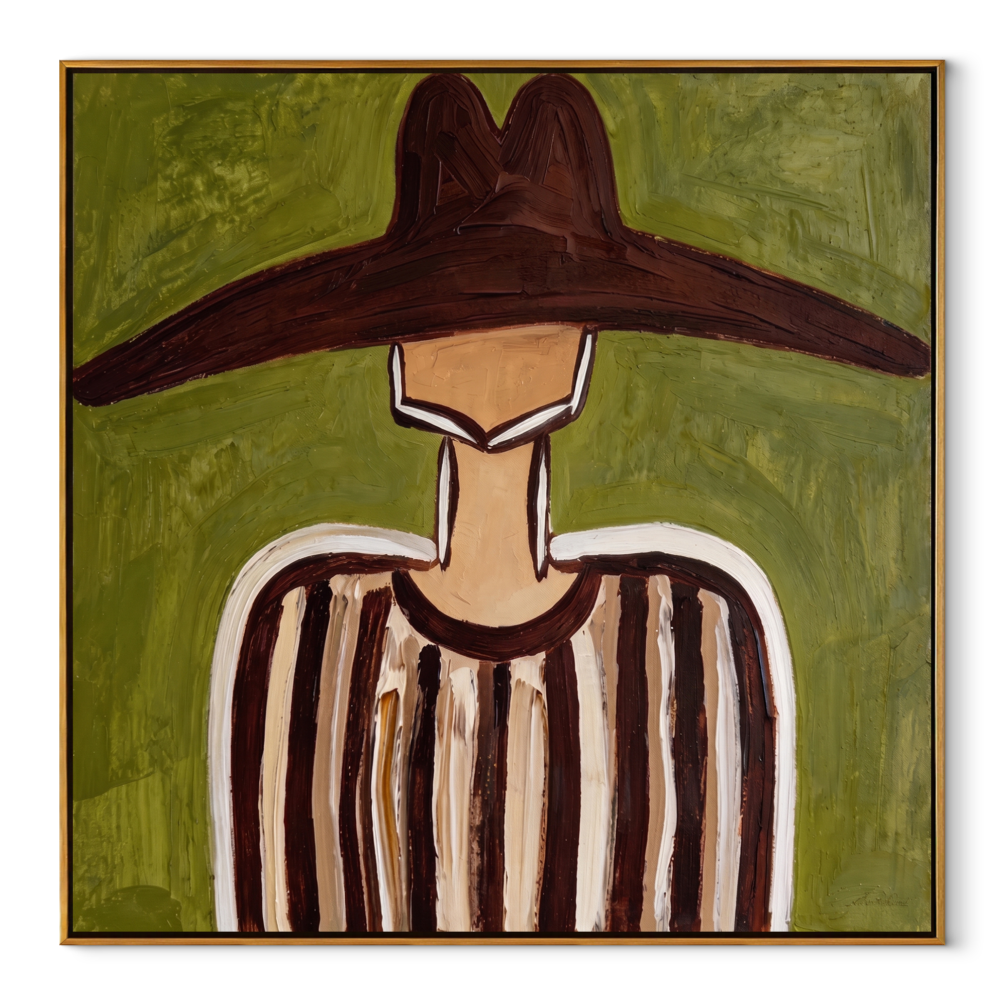 Brown Brim Crosses Olive abstract figurative textured painting, square canvas artwork