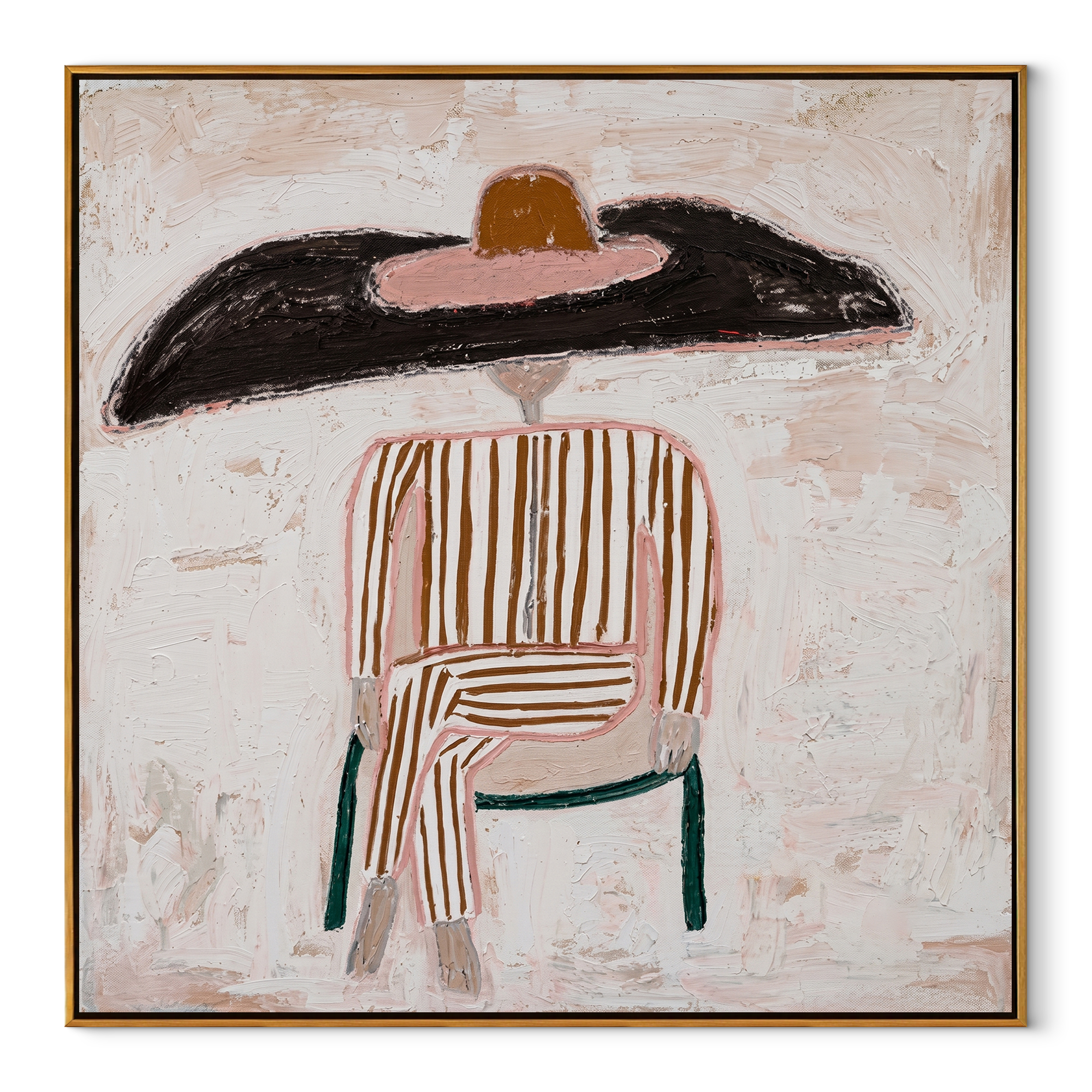 Black Brim on Lines abstract figurative textured painting, square canvas artwork