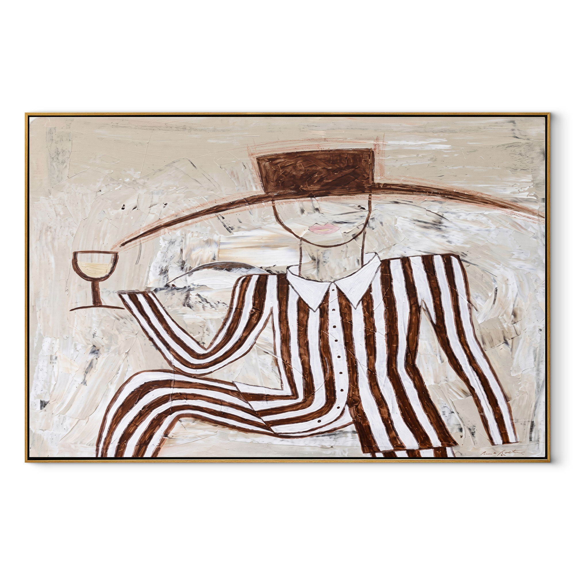 Brown Stripes with Wine abstract figurative textured painting, horizontal canvas artwork