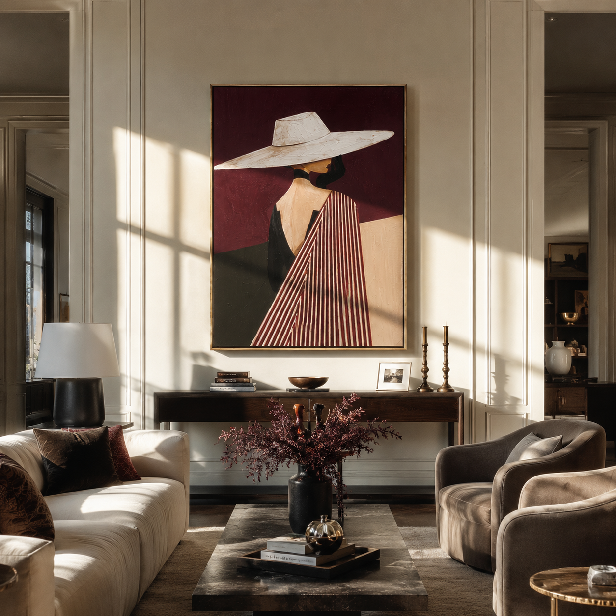 White Brim toward Burgundy displayed in a warm contemporary interior