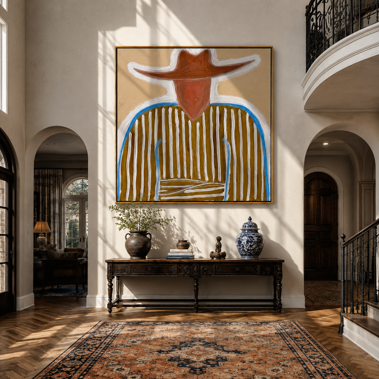 Blue Edge Traces Stripes displayed in a warm contemporary interior
