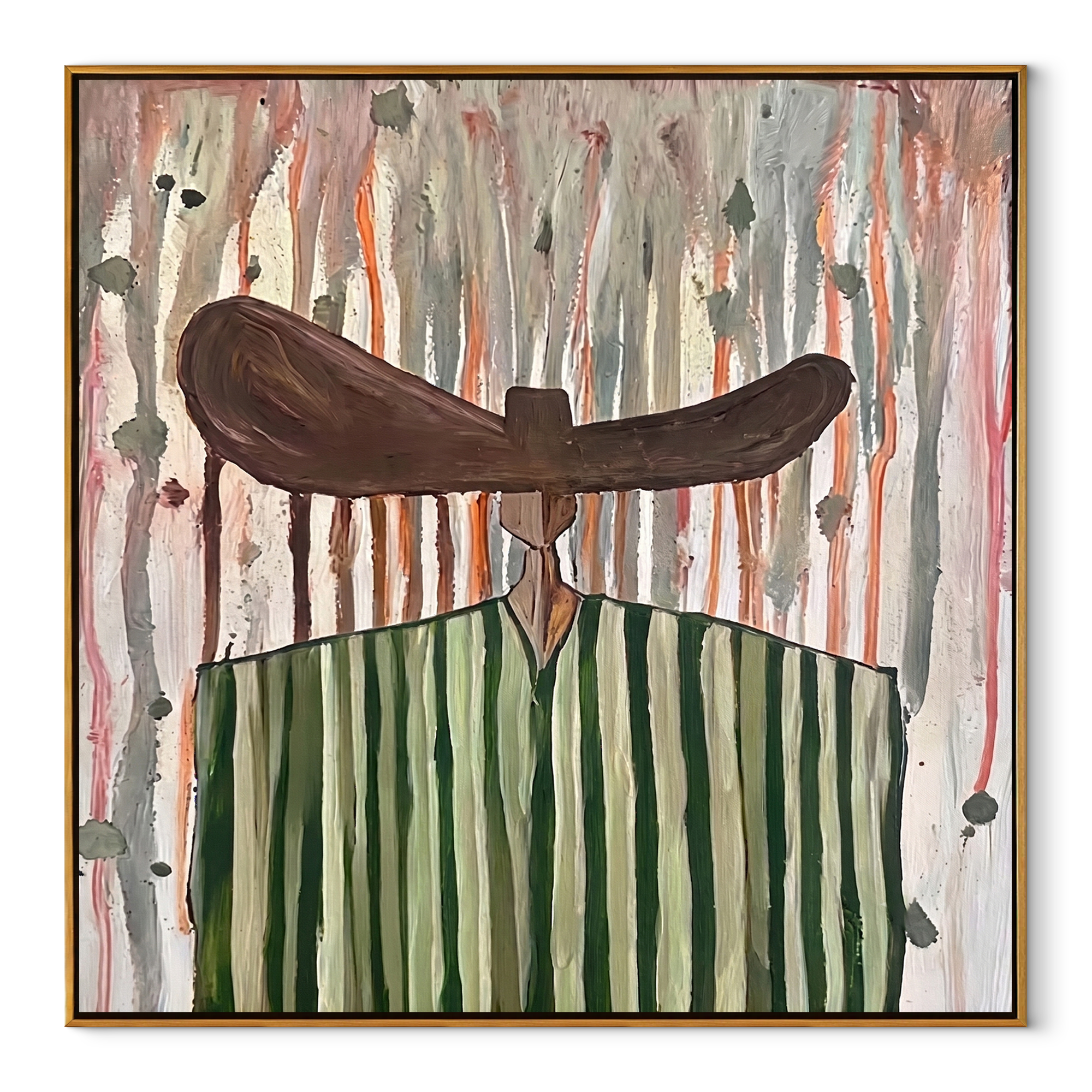Green Stripes in Rain abstract figurative textured painting, square canvas artwork